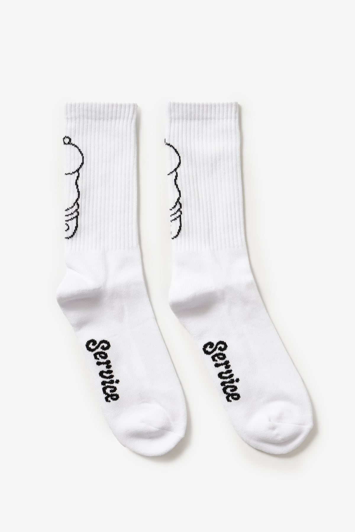 White crew socks with salt and pepper graphic worn on feet, showing front view and fabric detail