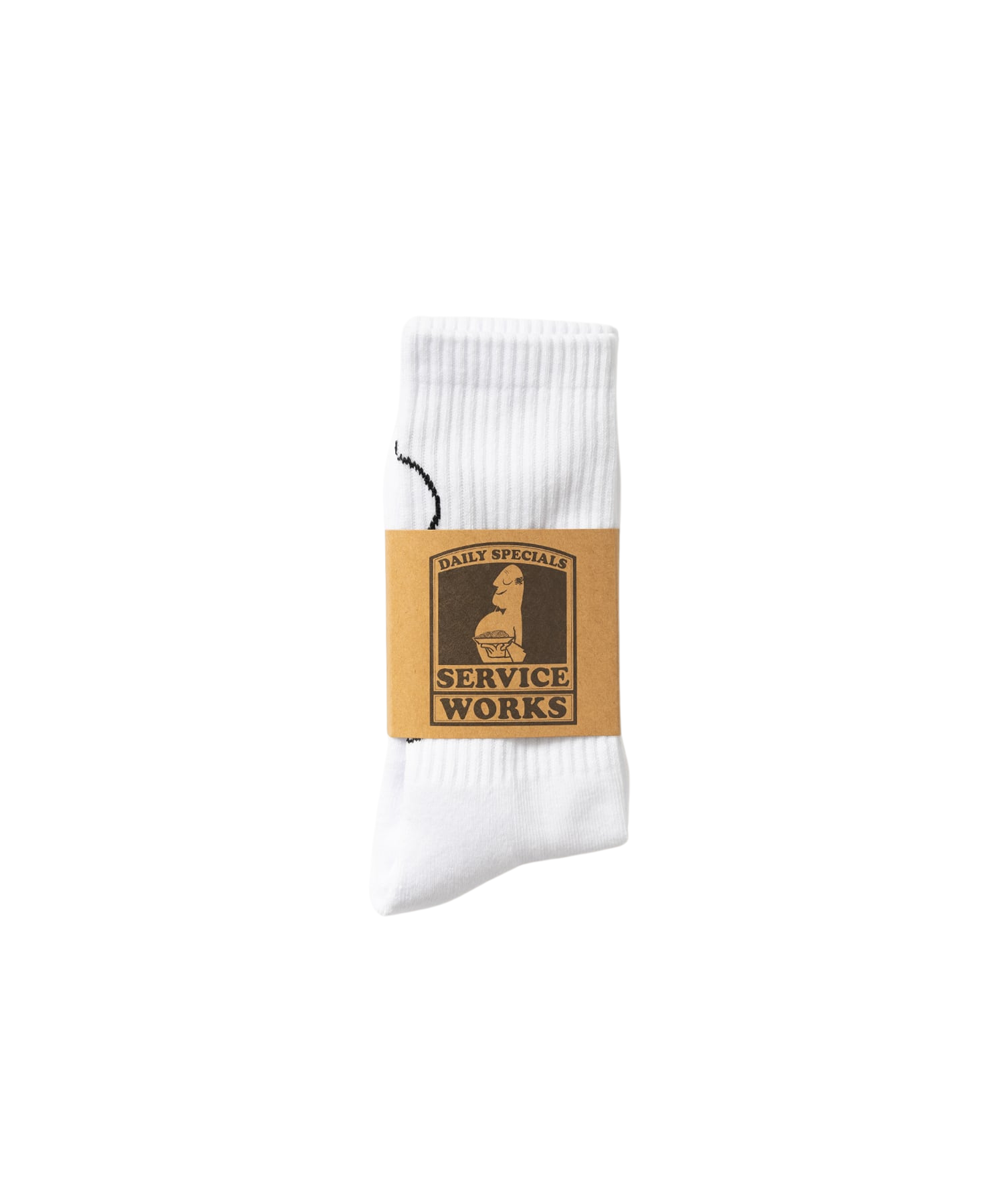White crew socks with salt and pepper graphic, shown with Service Works packaging on a clean background