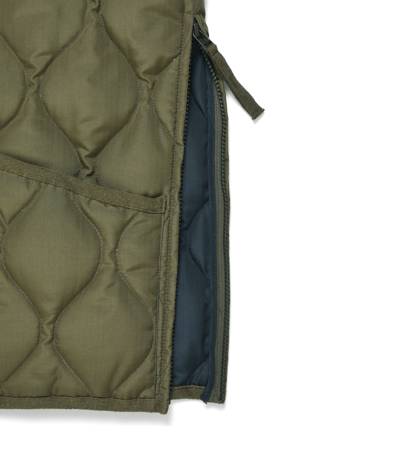 Close-up of the side zip slit on the TAION Unisex Military W-Zip V-Neck Down Vest in Olive