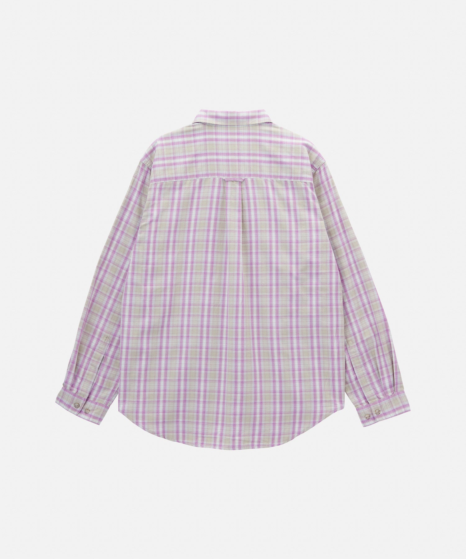 Men’s purple checkered ombre shirt back view, crafted from breathable 100% cotton with a relaxed fit