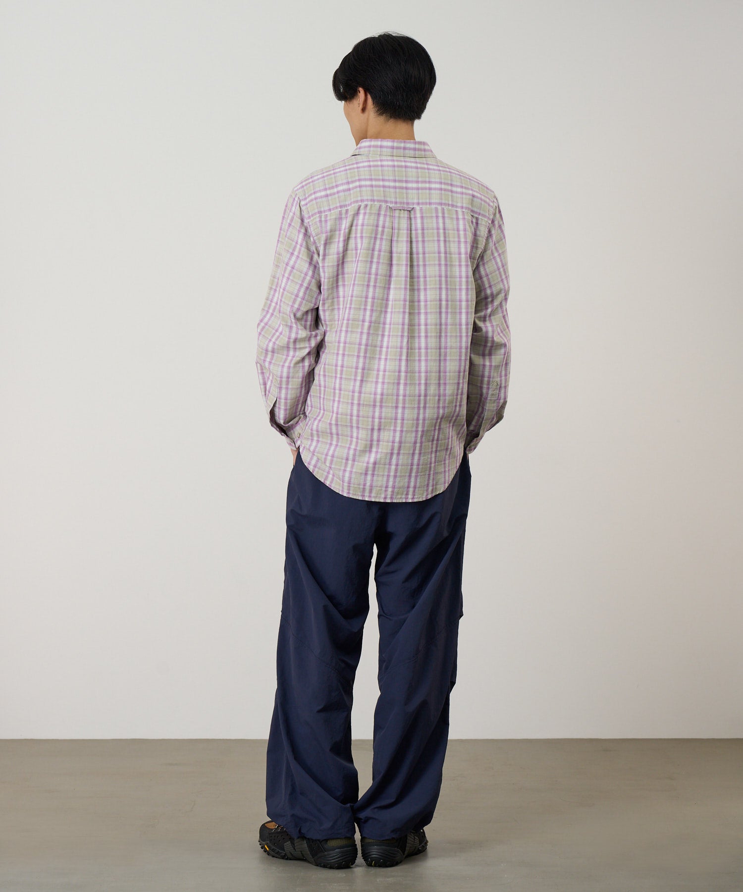 Men’s purple checkered ombre shirt styled on model, featuring breathable 100% cotton and a relaxed fit