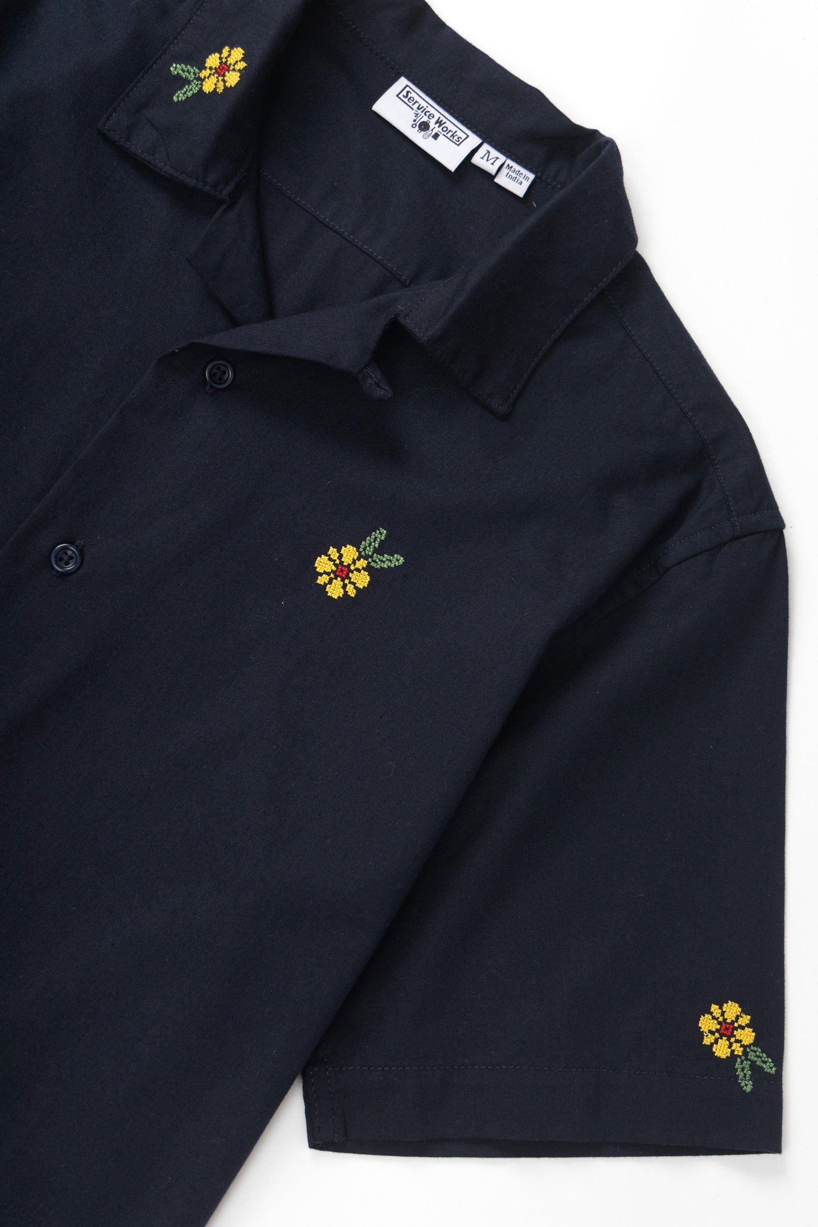 Dark navy cross stitch shirt front detail premium utility shirt Japanese streetwear design close up