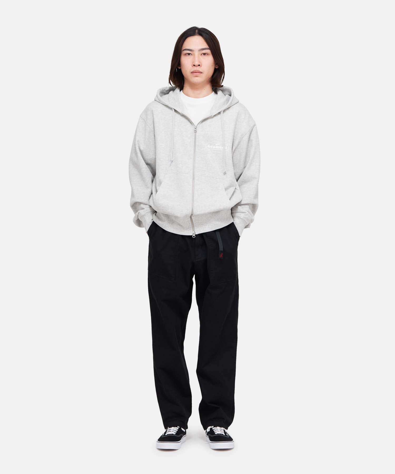 Gramicci Loose Tapered Ridge Pant Faded Olive in durable eco cotton twill with a relaxed tapered fit and integrated belt for everyday wear, travel and outdoor comfort.