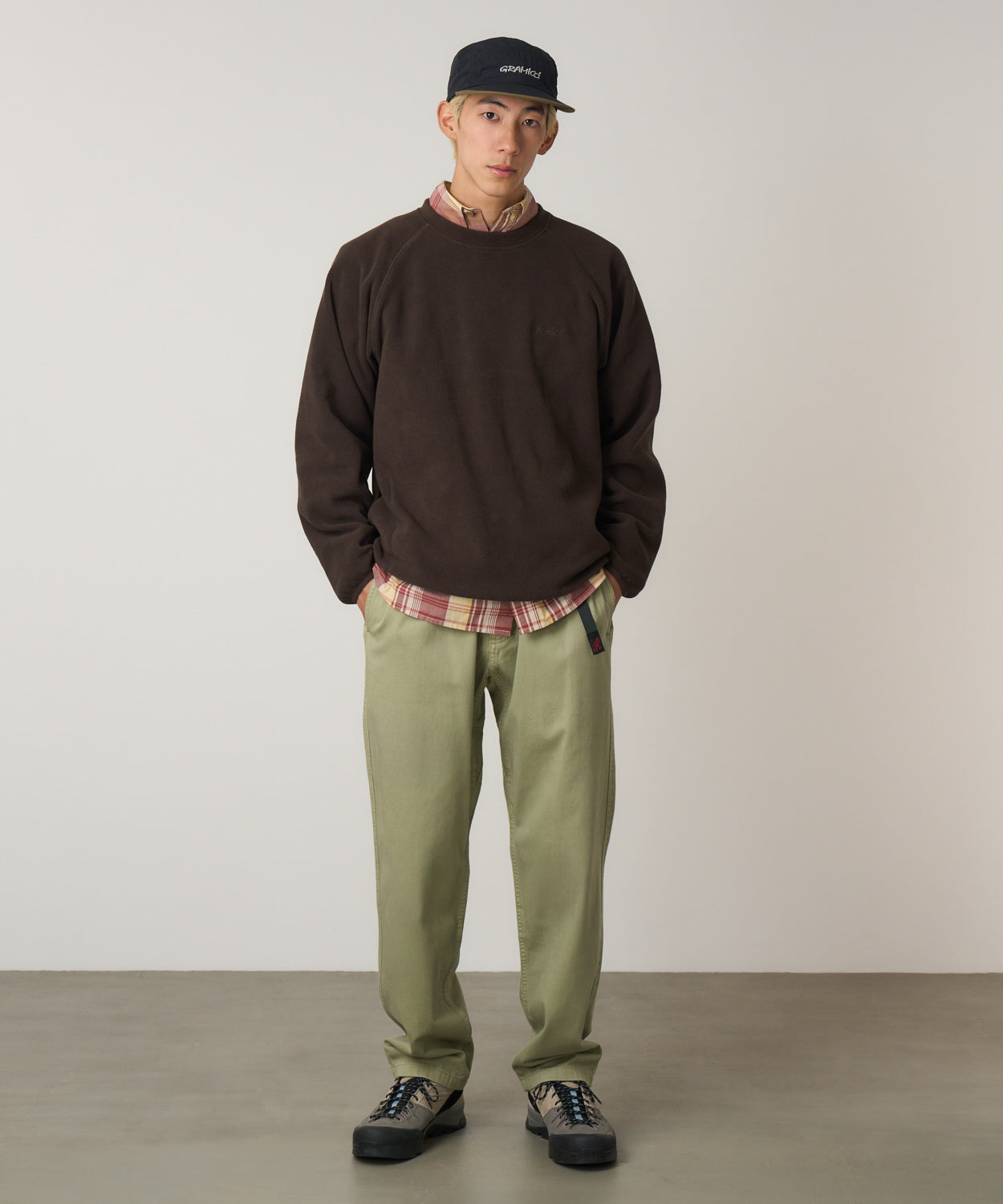Model wearing Cactus Pigment Gramicci cotton pants relaxed utility fit