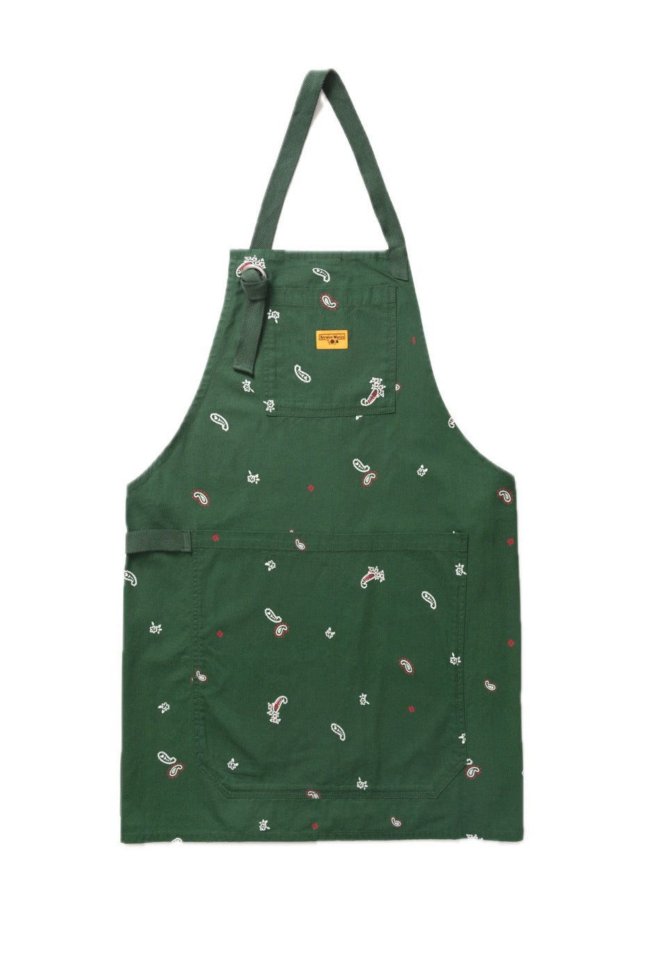 Forest green paisley apron premium chef workwear apron front view durable cotton kitchen apron barista apron