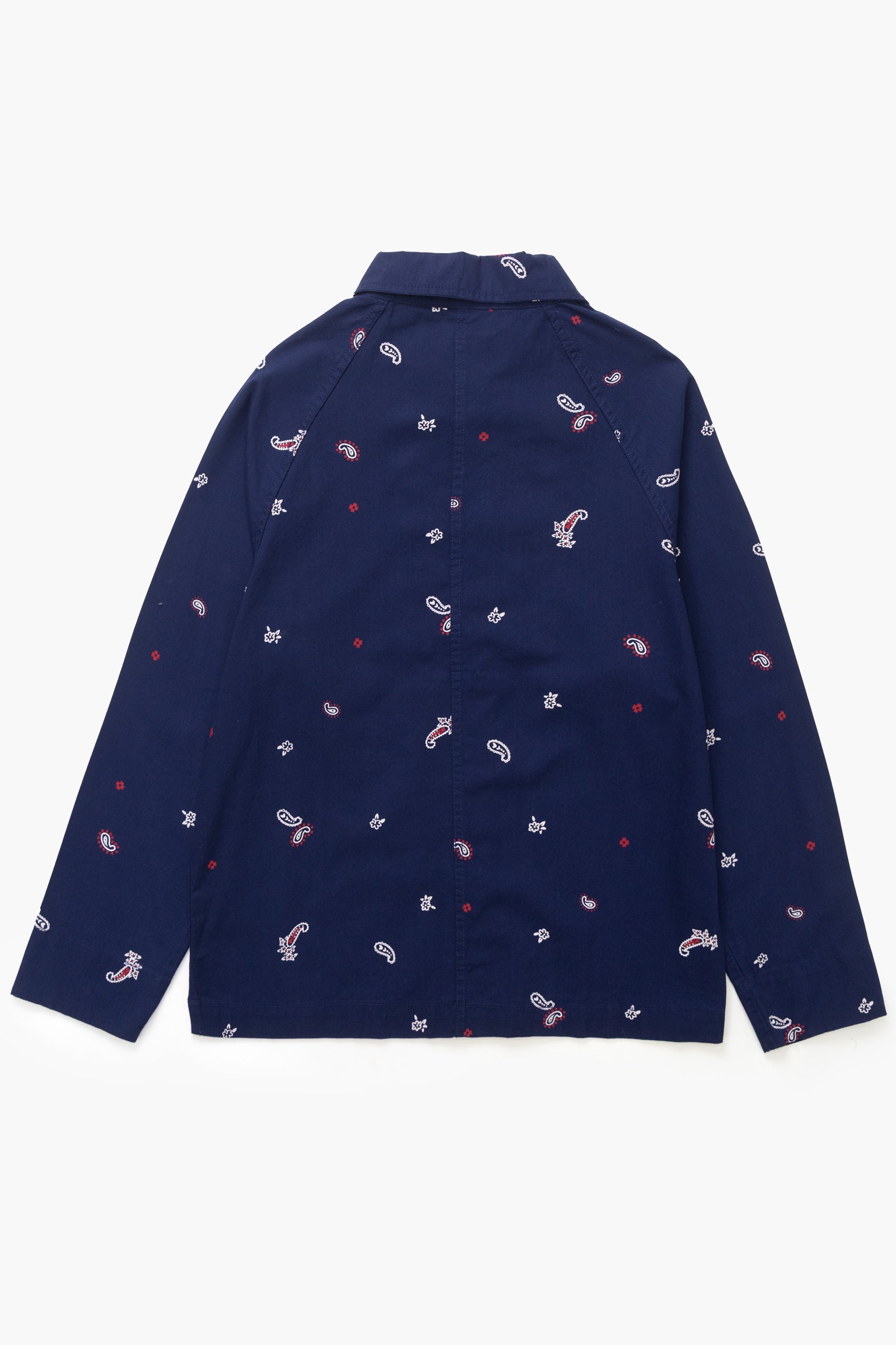 Royal paisley overshirt jacket close lifestyle detail in organic cotton