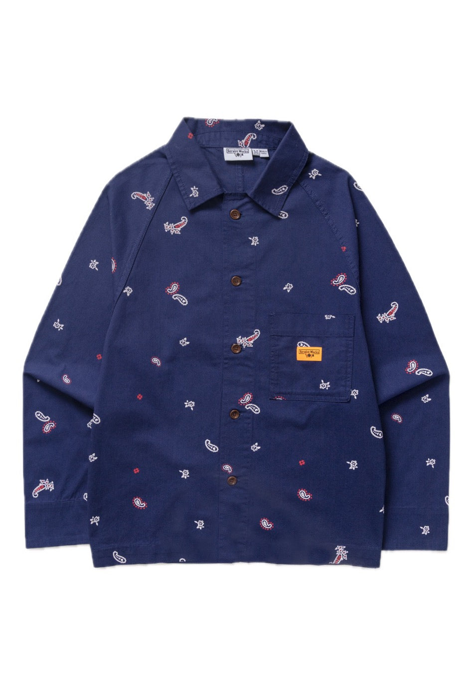 Royal paisley overshirt jacket front view in organic cotton drill