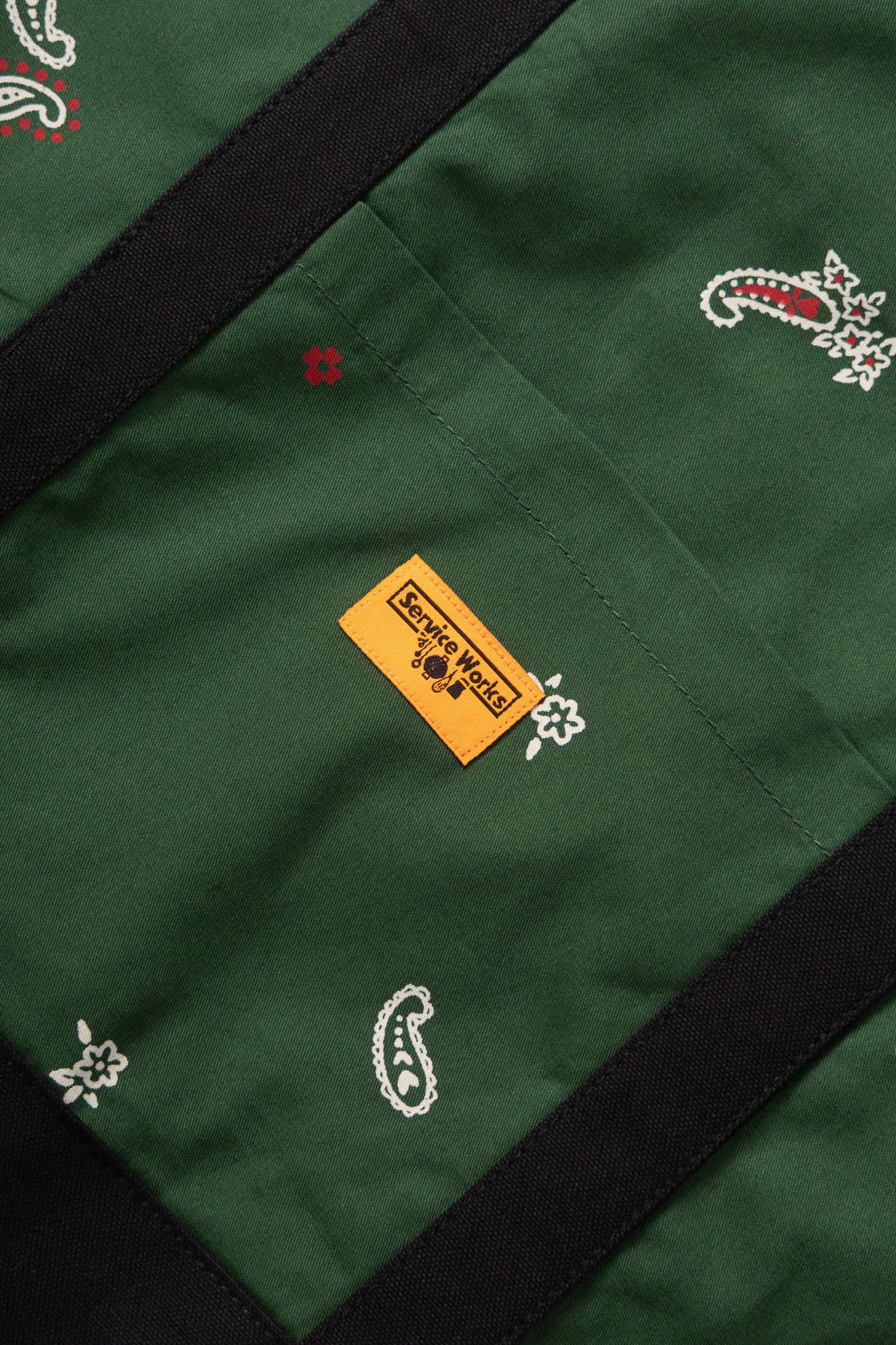 Paisley forest green canvas tote bag front detail view