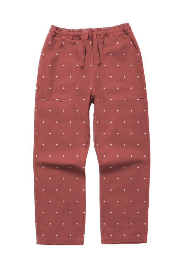 Clay Polka Dot Chef Pants featuring organic cotton fabric, relaxed fit and functional utility pockets front view