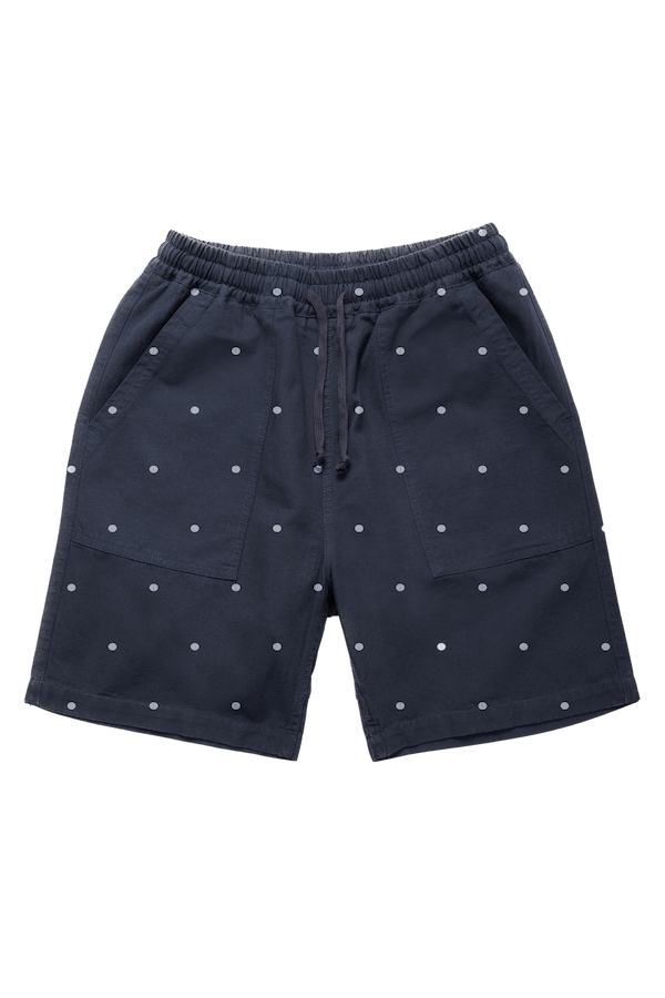 Navy Polka Dot Chef Shorts featuring organic cotton fabric, relaxed silhouette and functional workwear-inspired pocket design front view