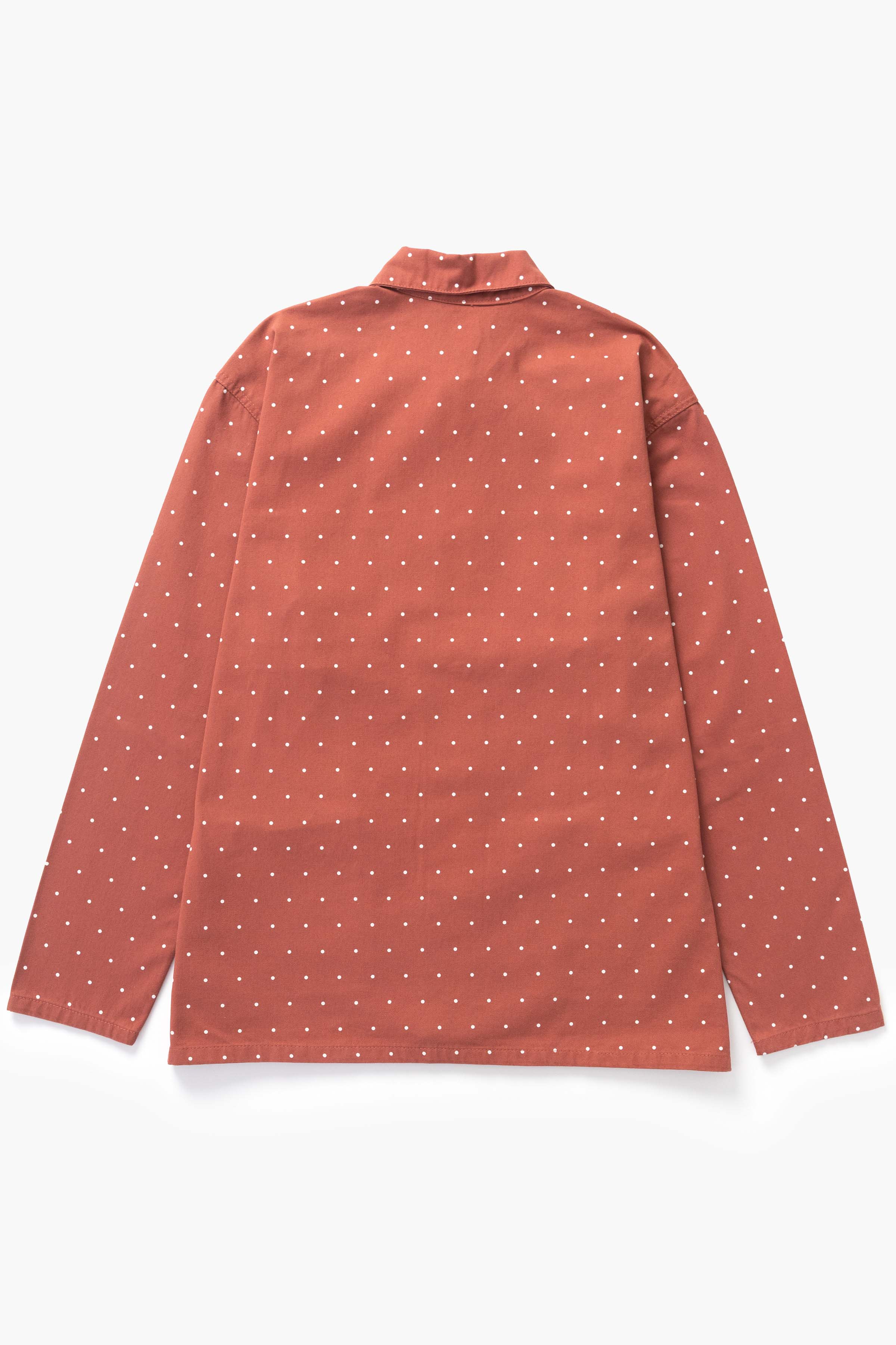 Close-up of clay Polka Dot Chore Shirt showing organic cotton fabric, polka dot pattern and premium workwear-inspired construction