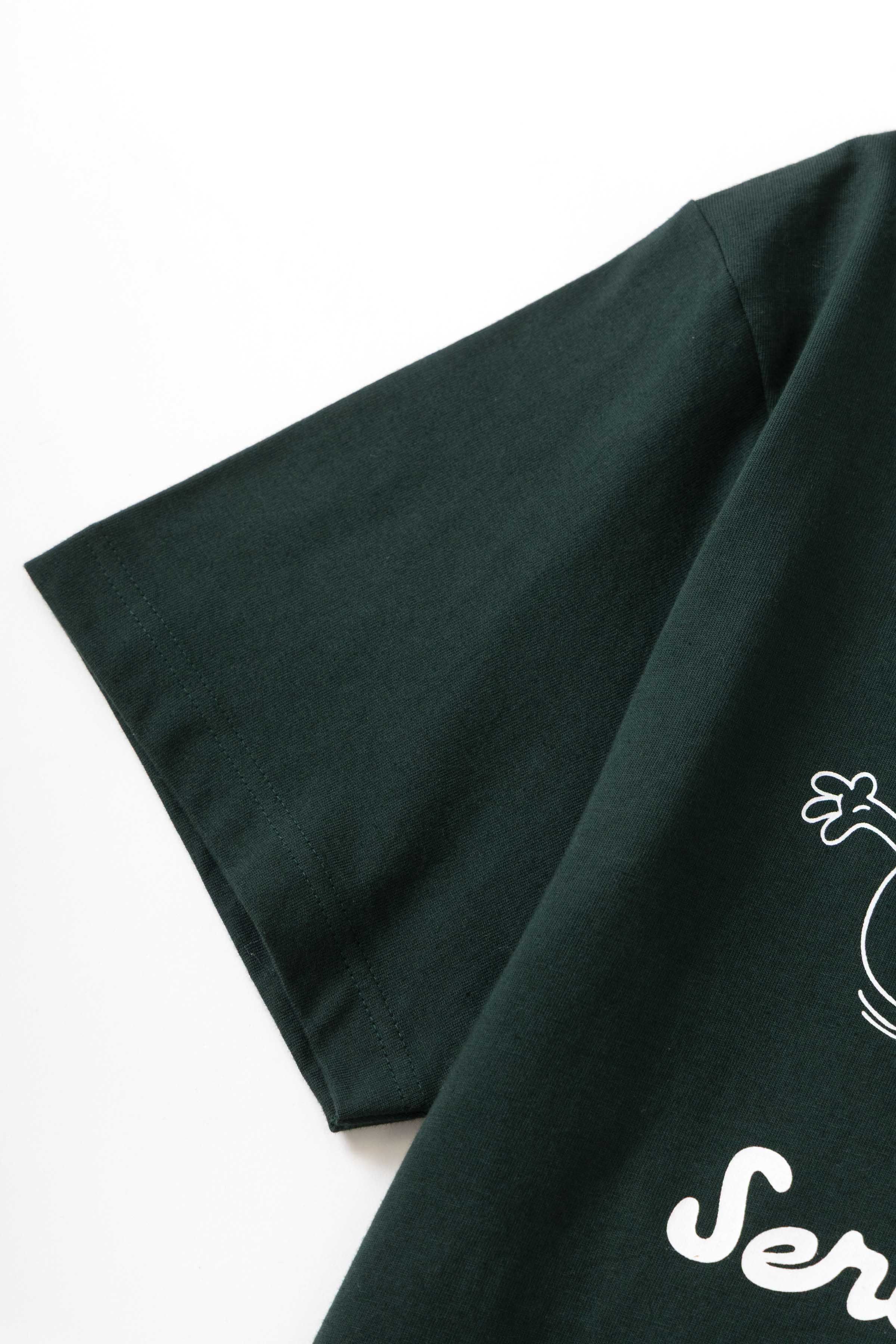 Detail view of forest Pots & Pans Tee highlighting organic cotton fabric, midweight texture and high-quality streetwear construction