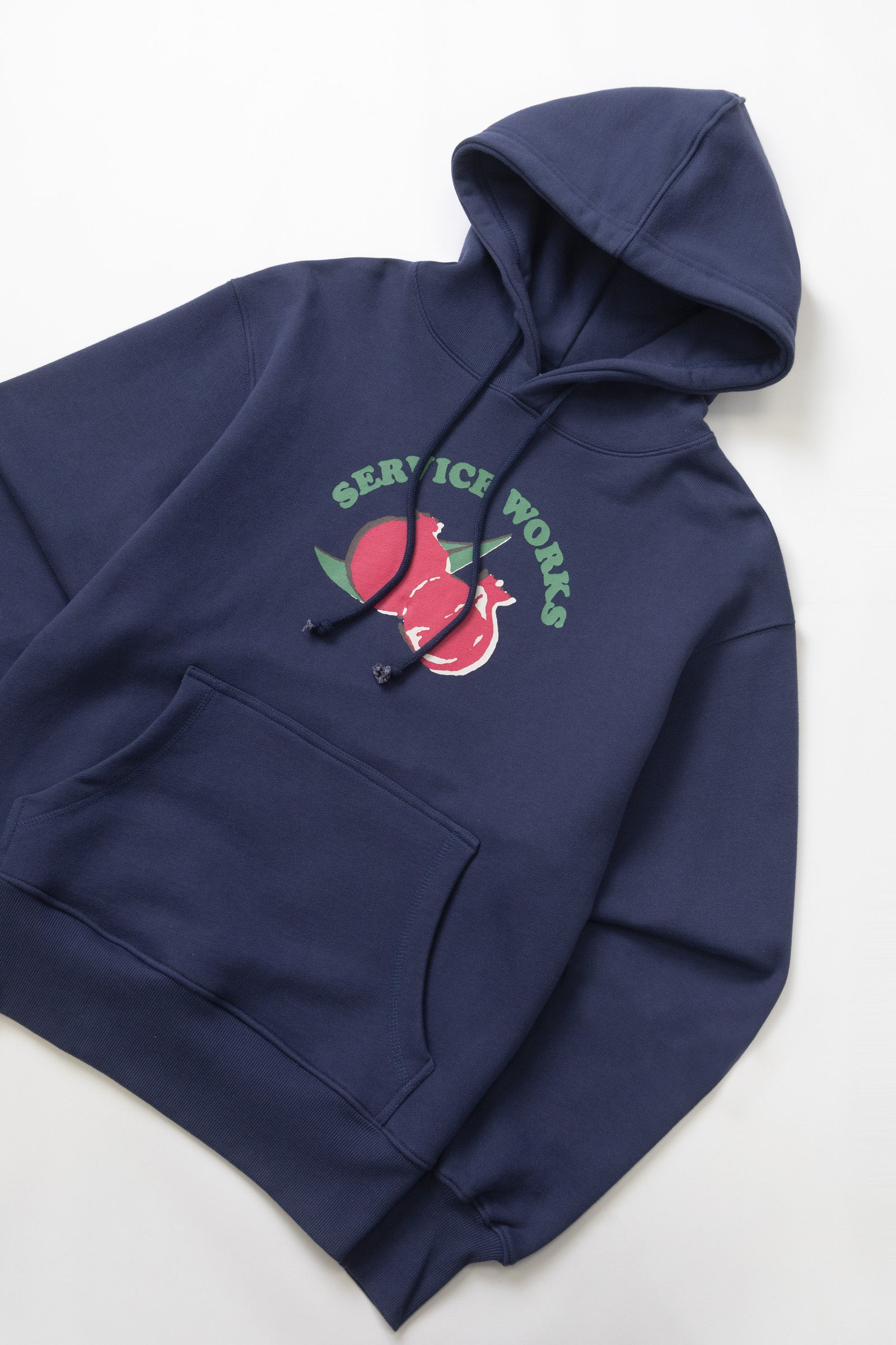LE.SHOP Radish Hoodie Navy streetwear hoodie front detail shot in navy