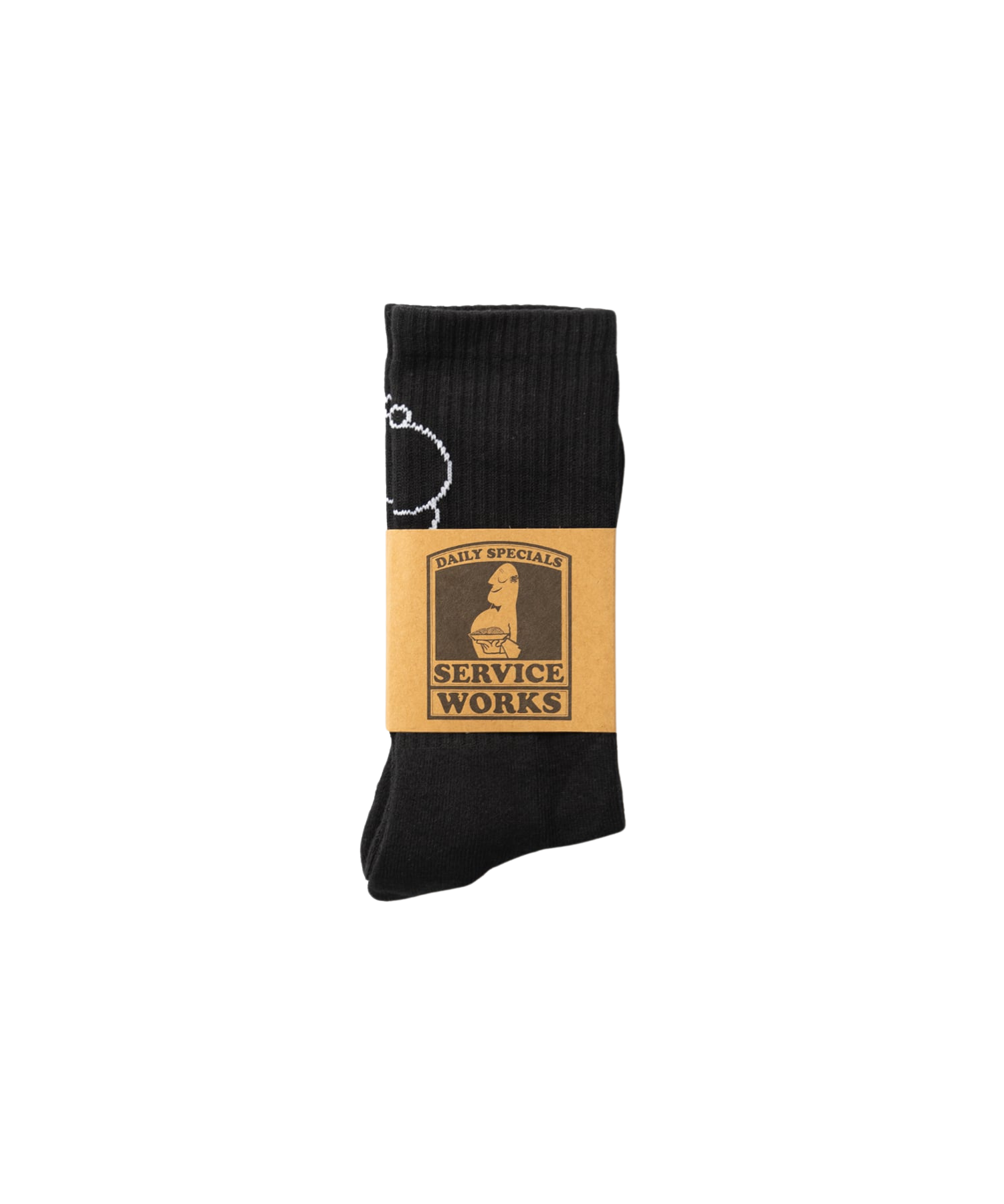 Black Salt + Pepper crew socks by Service Works, streetwear socks with graphic design, white background