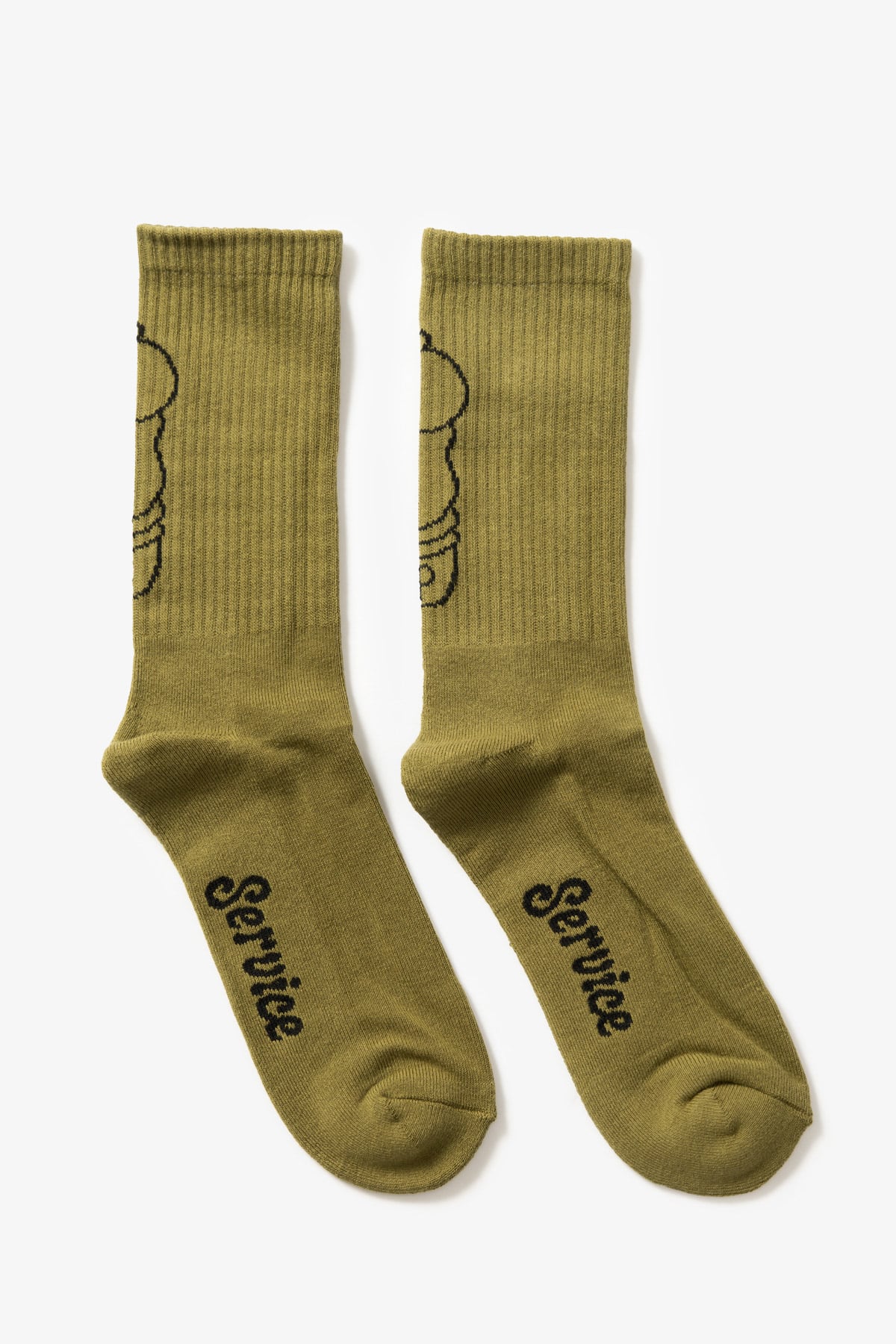Olive Salt + Pepper crew socks by Service Works with signature graphic, angled view on white background