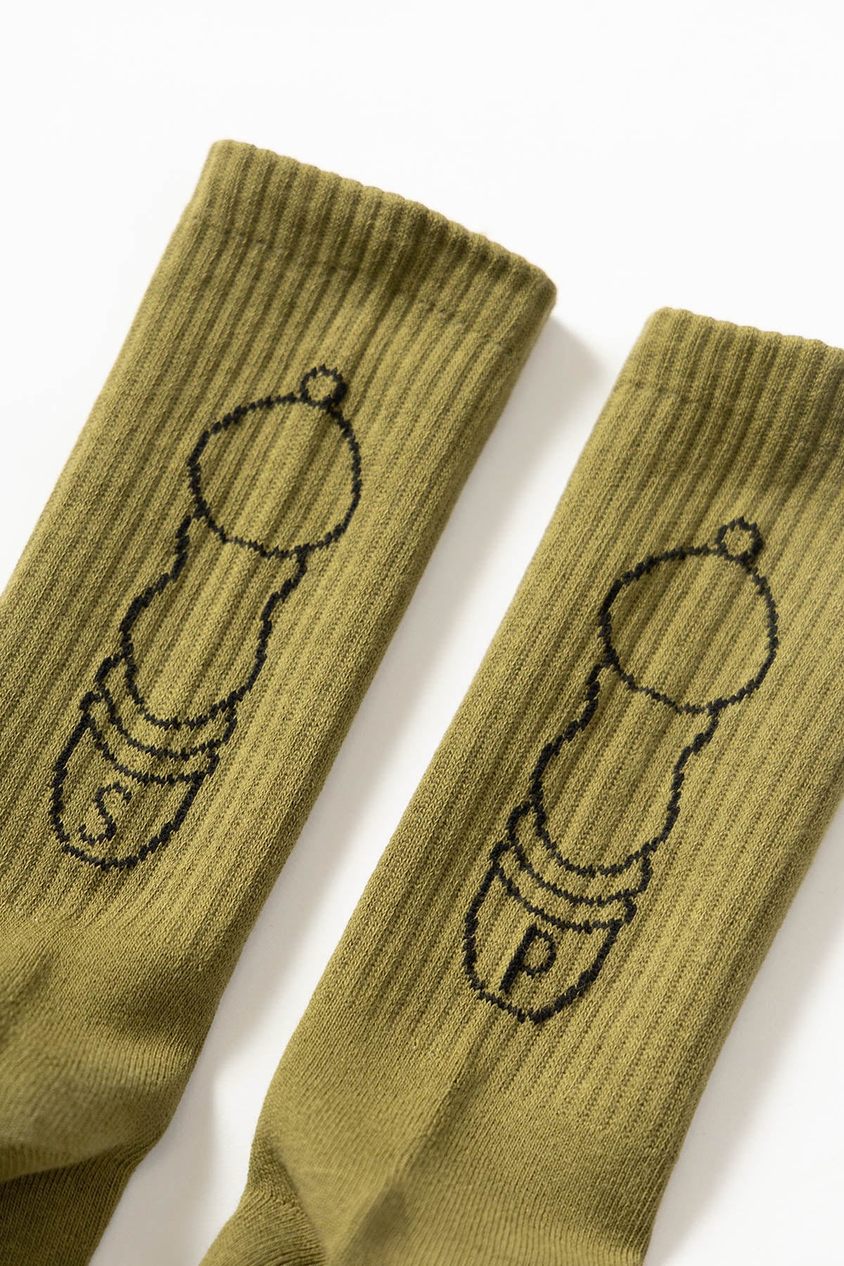 Olive Salt + Pepper crew socks by Service Works with signature graphic, detailed view on white background