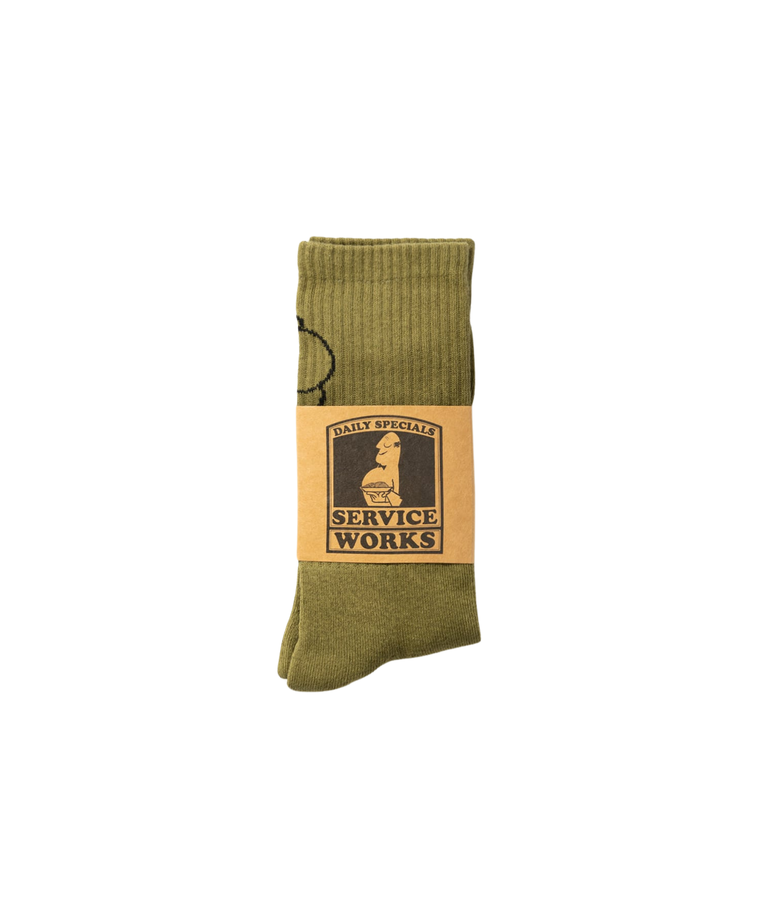 Olive Salt + Pepper crew socks by Service Works with signature graphic, front view on white background