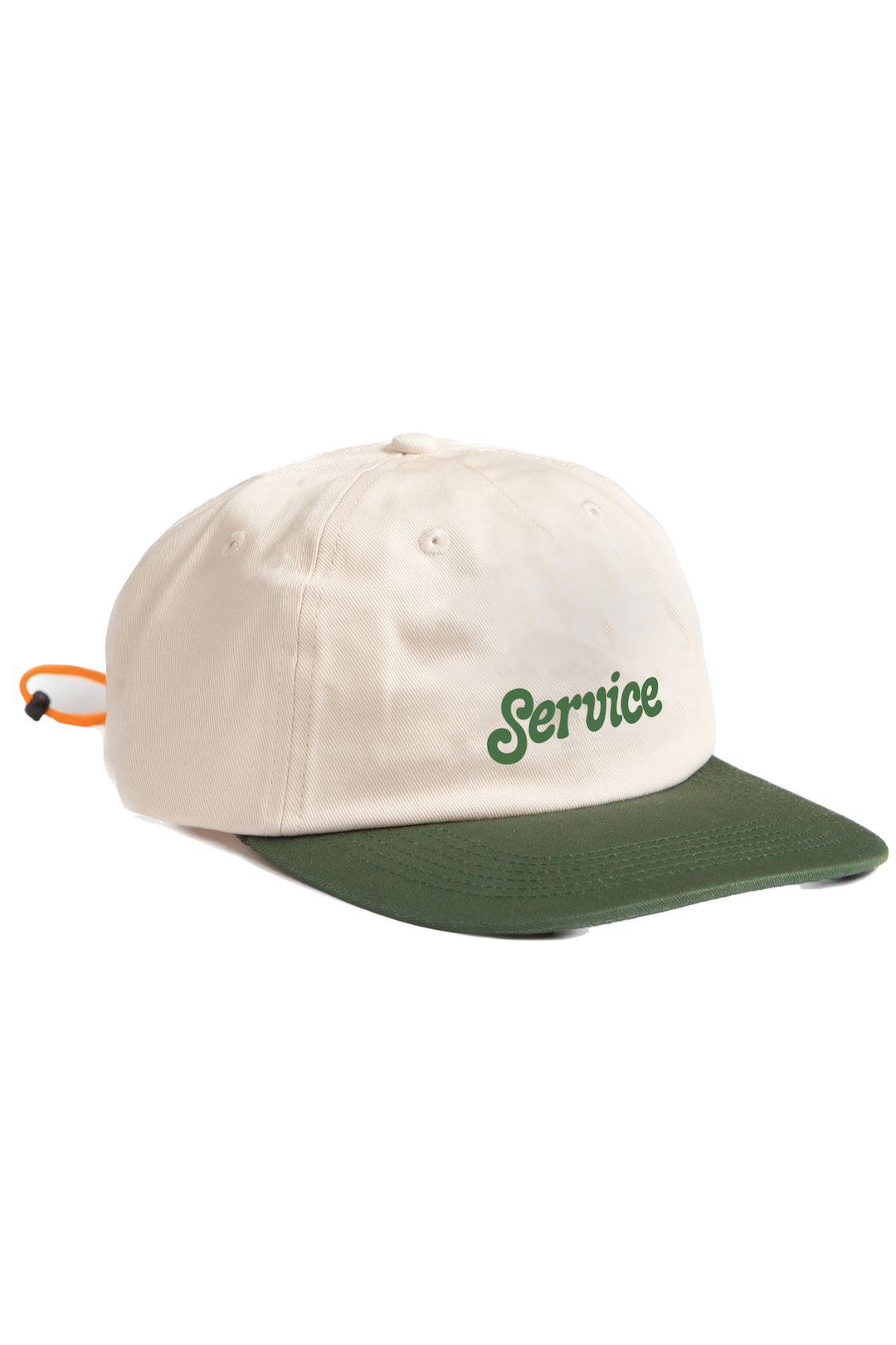 Script Surf Cap in off-white and olive made from 100% cotton with low-profile fit, curved brim and elastic adjuster front product view