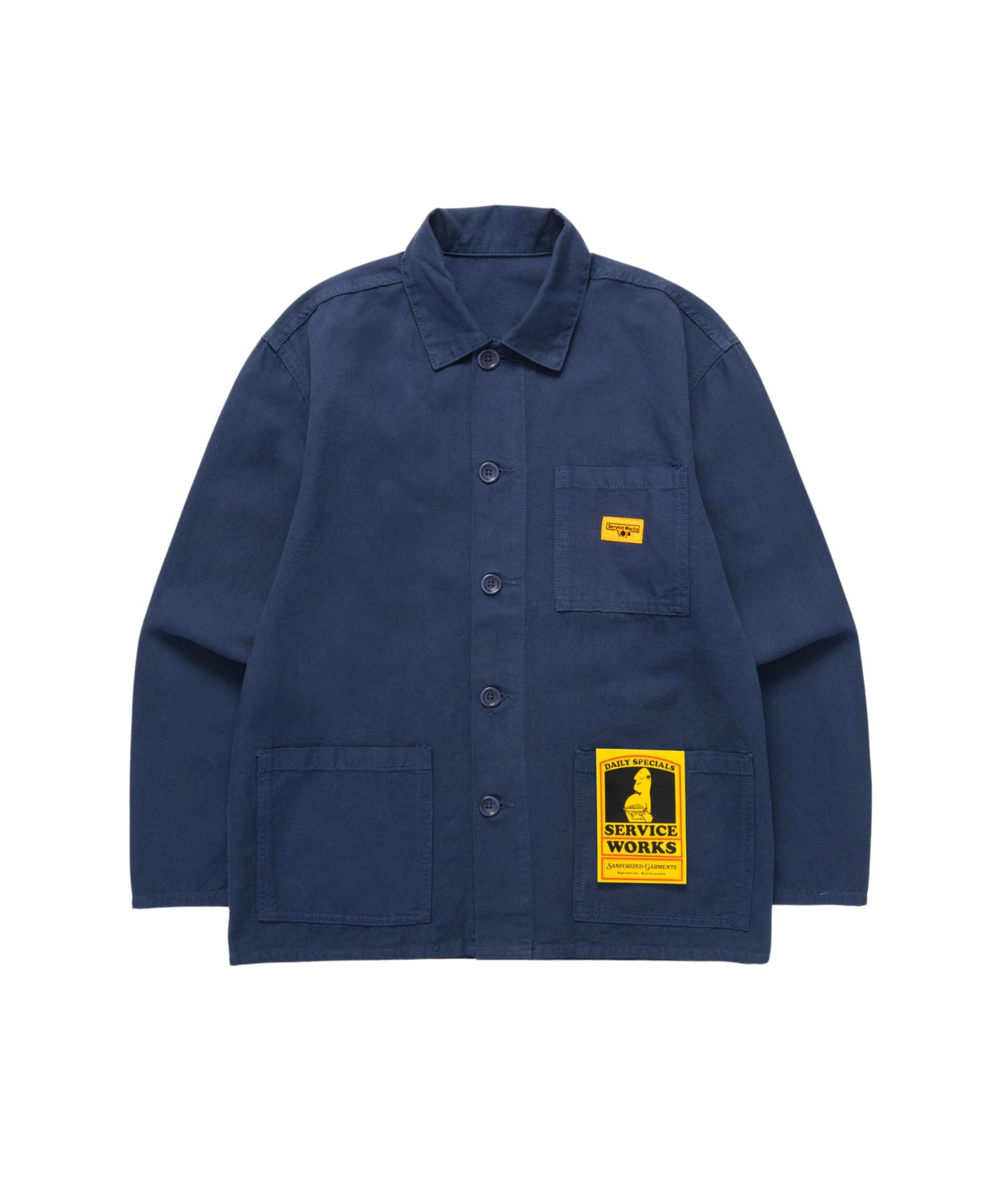 Navy Service Works Canvas Chore Shirt with chest pockets, button placket and signature woven label detail.
