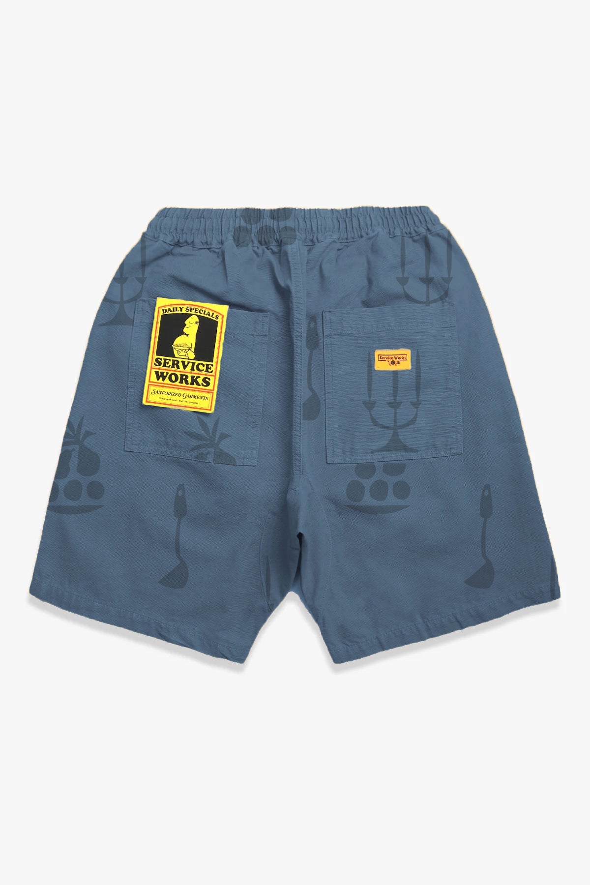 Service Works Chore Shorts in slate with Nourish print and yellow label detail relaxed fit workwear shorts on white background