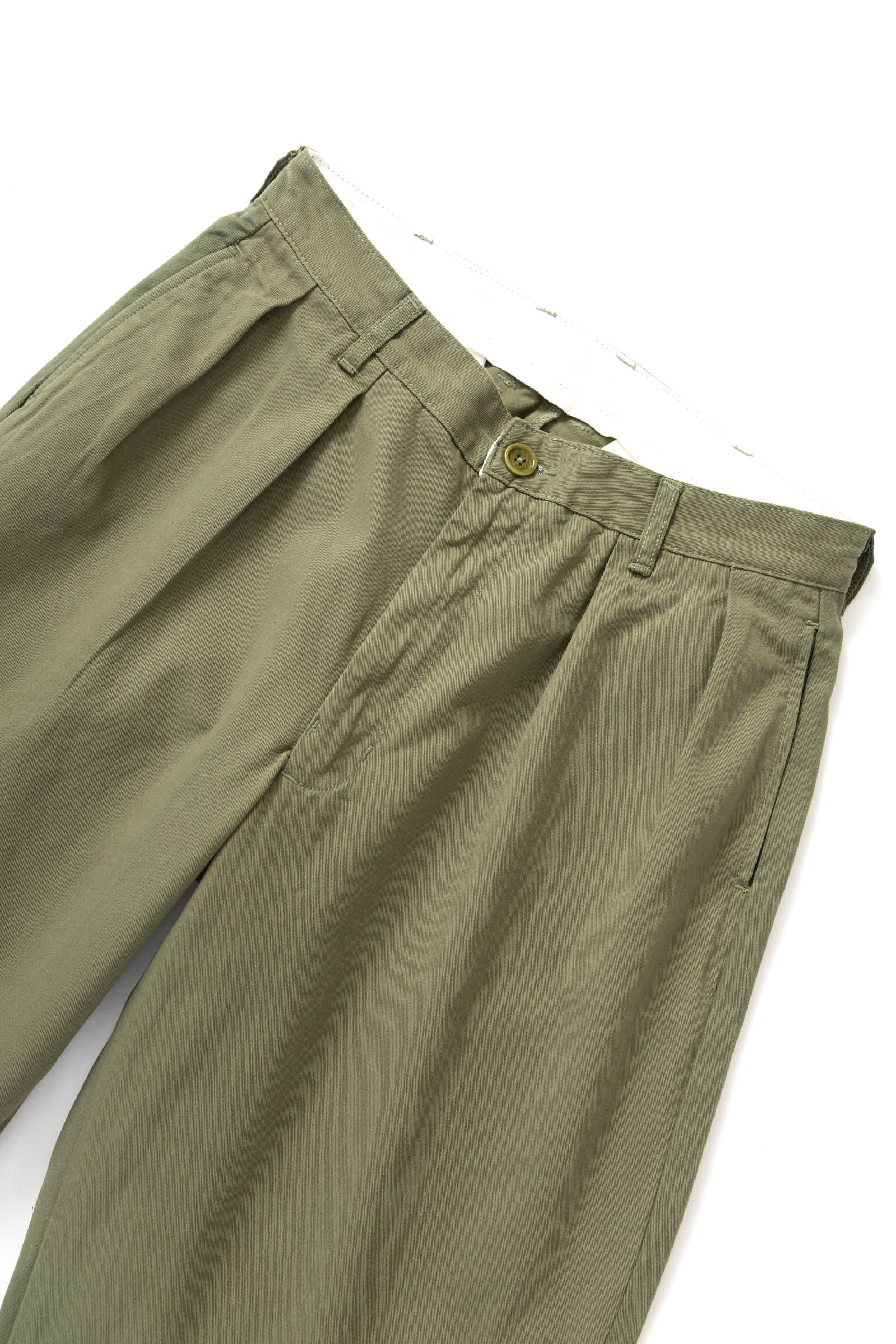Service Works Drill Part Timer pants in olive flat lay second angle showing pleated balloon fit workwear design