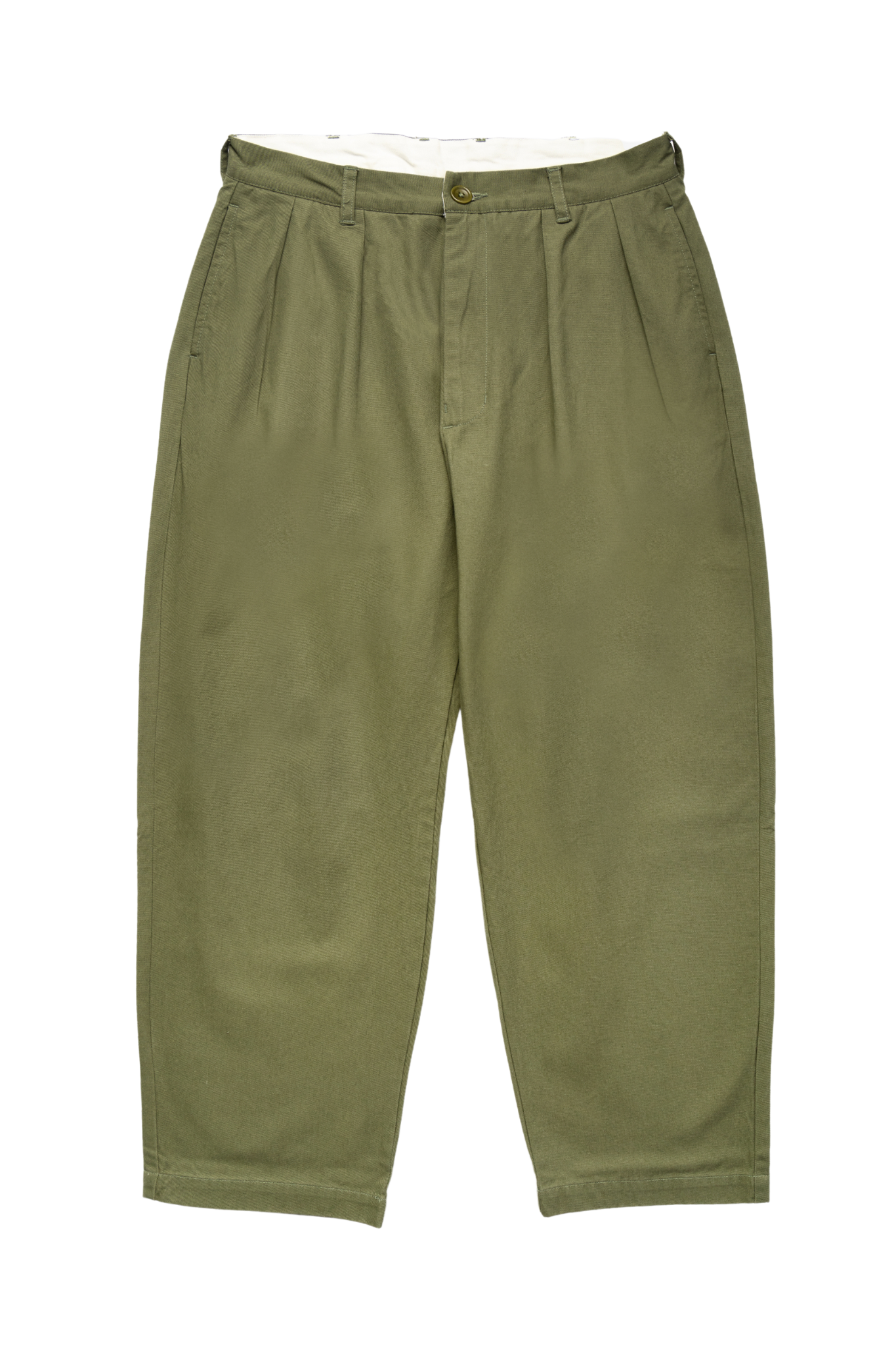 Service Works Drill Part Timer pants in olive green flat lay showing pleated balloon fit workwear design