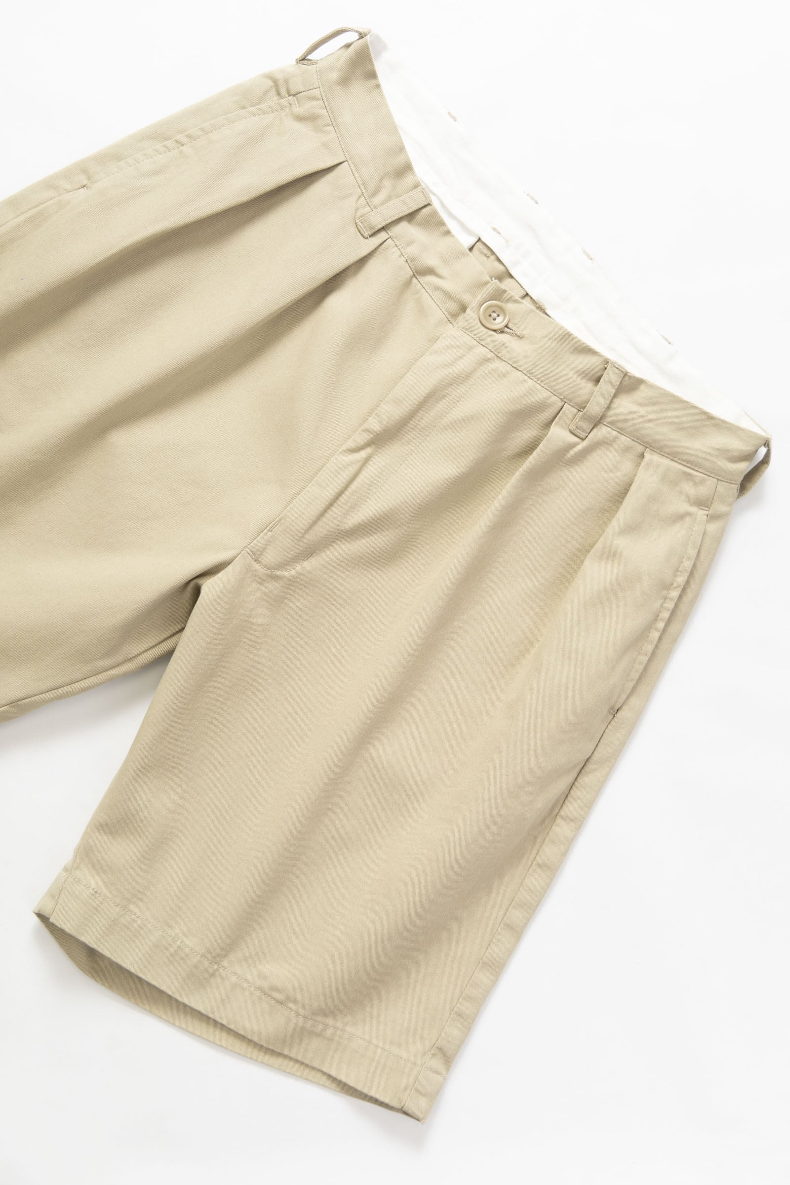 Service Works Drill Part Timer shorts in khaki flat lay showing pleated workwear design