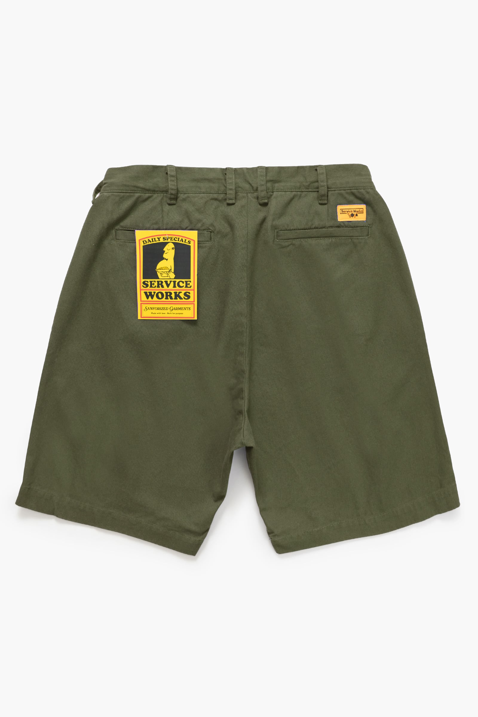 Service Works Drill Part Timer shorts in olive showing back pocket patch detail on workwear shorts