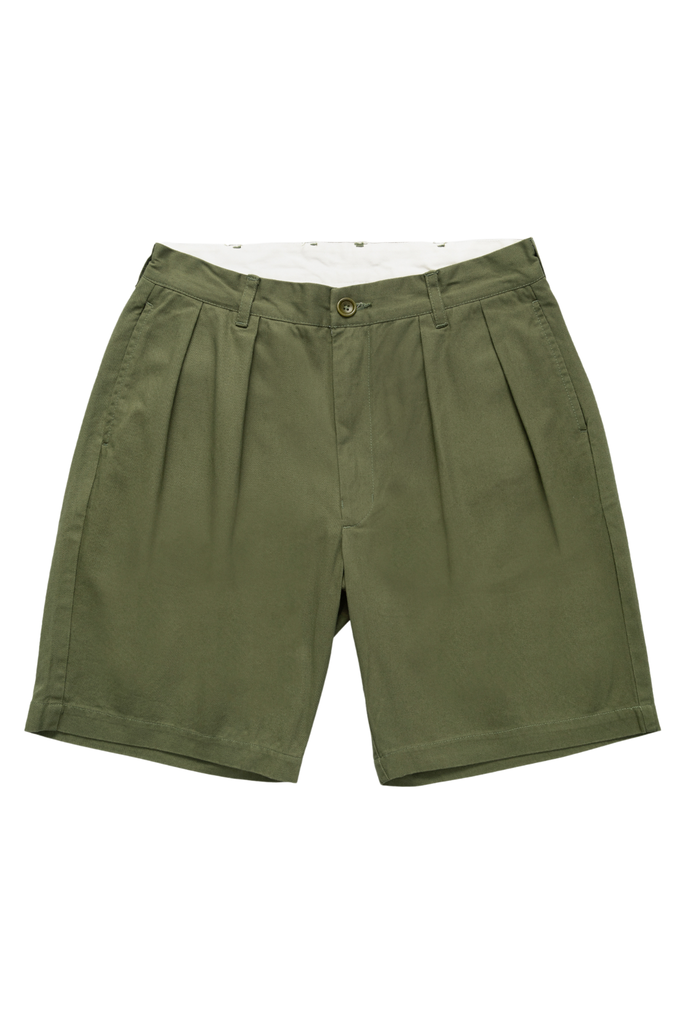 Service Works Drill Part Timer shorts in olive green flat lay showing pleated workwear design