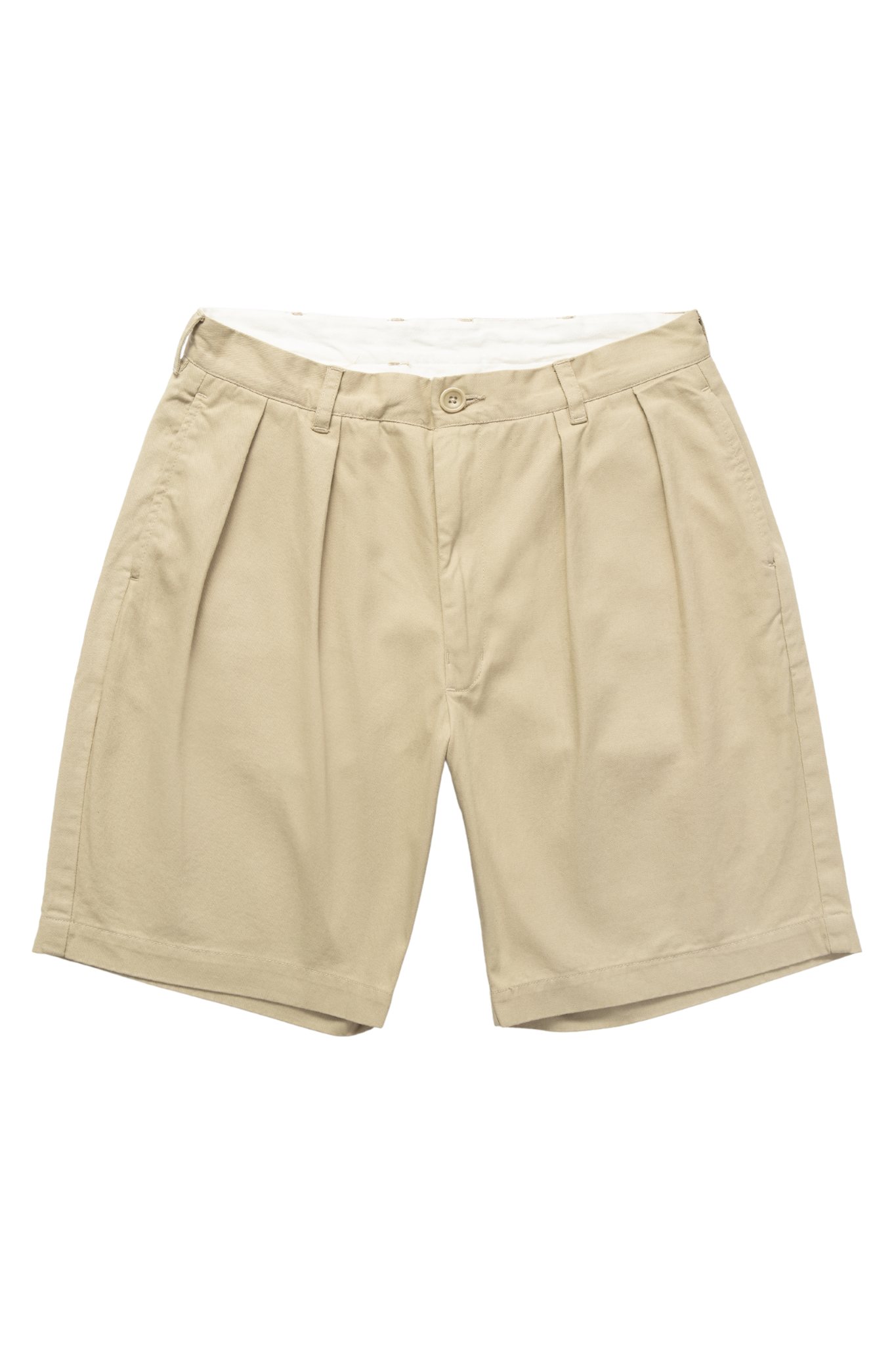 Khaki Service Works Drill Part Timer shorts on white background showing pleated workwear design