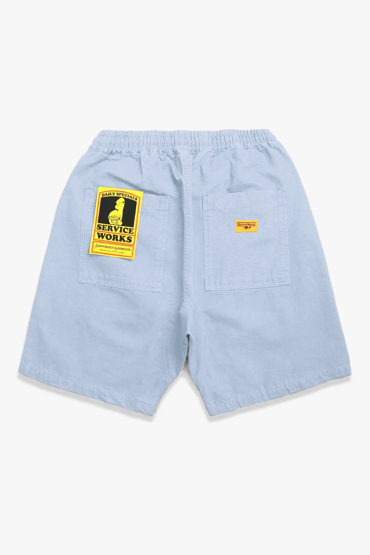 Powder blue Service Works chef shorts relaxed fit back pocket detail