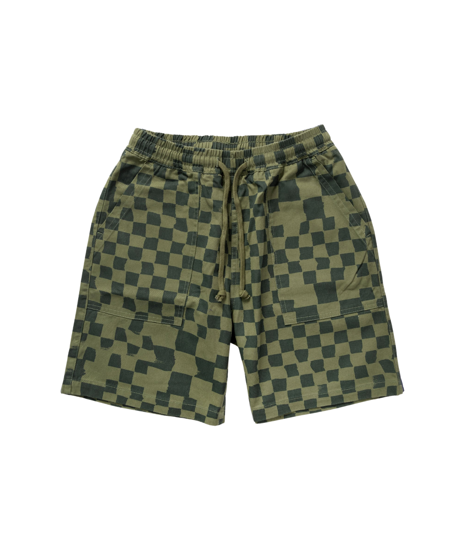 Service Works Printed Chef Short in Olive Checker with relaxed fit, elastic waistband and fatigue-style front pockets.