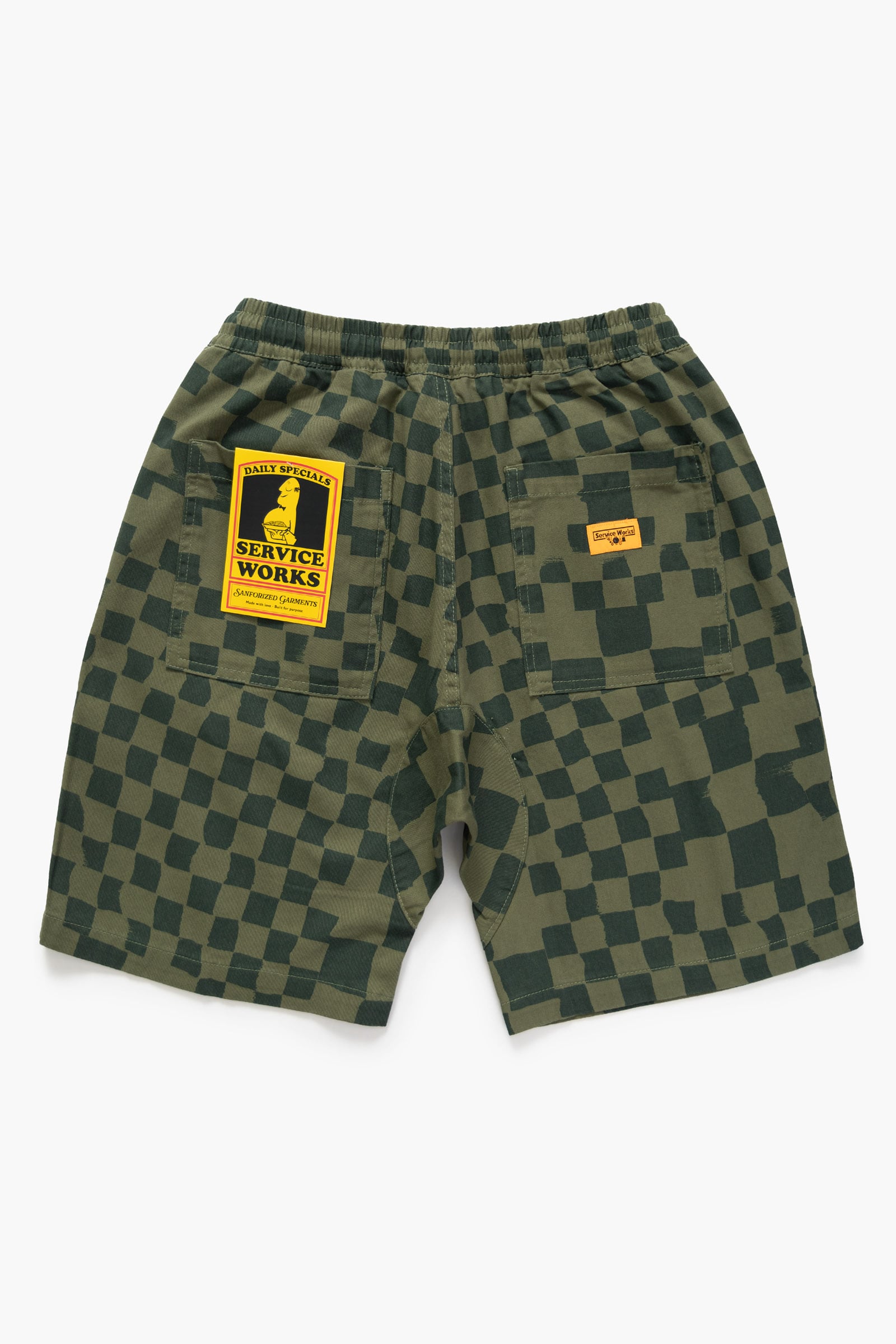 Close-up of the Service Works Printed Chef Short in Olive Checker showing elastic waistband and adjustable drawstring for comfort fit.