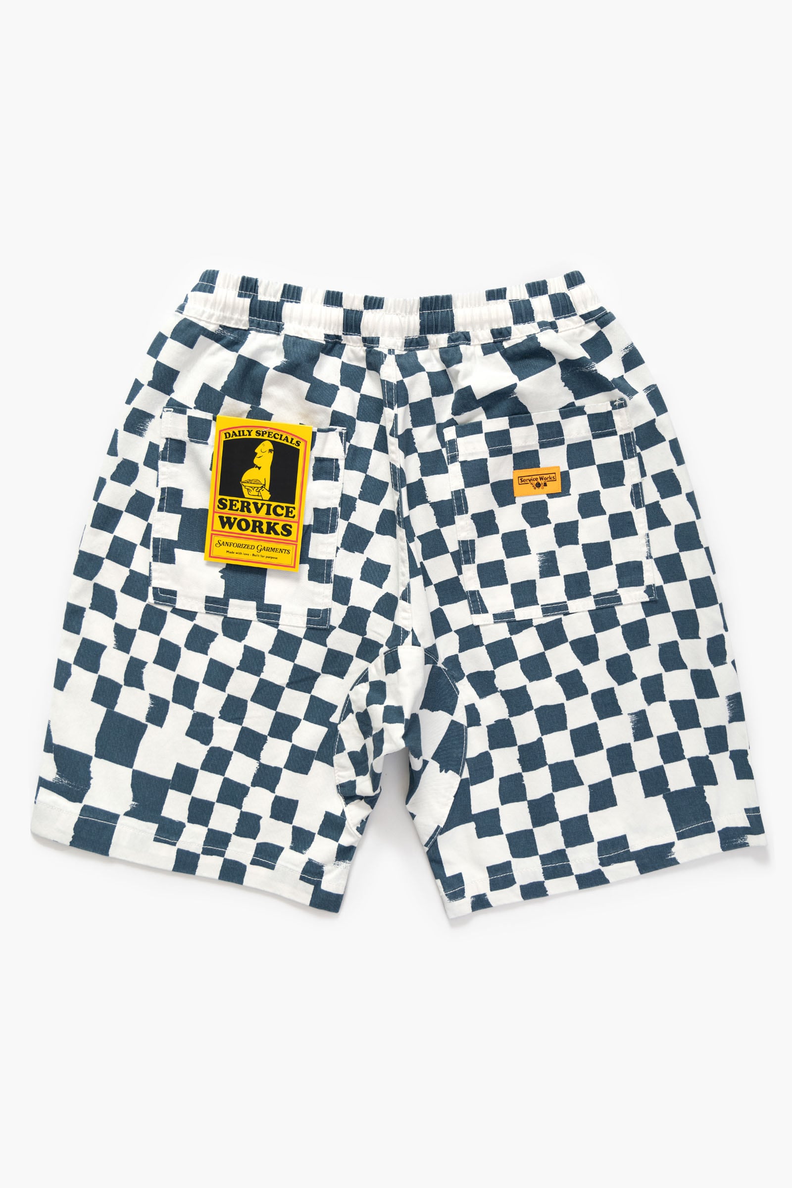 Close-up of the Service Works Printed Chef Short in Teal Checker showing elastic waistband and adjustable drawstring for a comfortable fit.