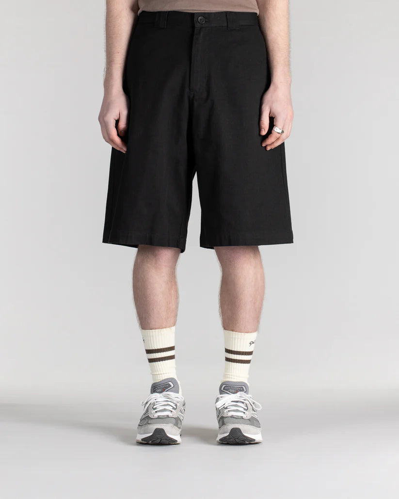 Front view of Stan Ray A Short Black Twill with a relaxed fit and durable cotton twill construction for everyday comfort and casual wear.