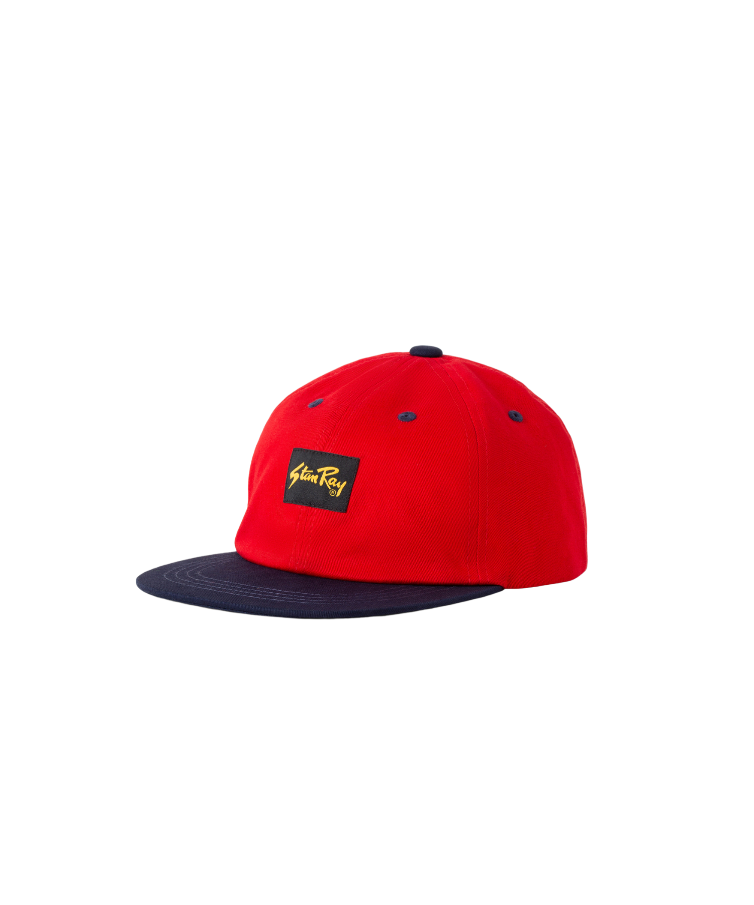 Stan Ray Ball Cap Combo in red and black cotton twill with adjustable leather strap and metal fastener for a secure one-size fit.