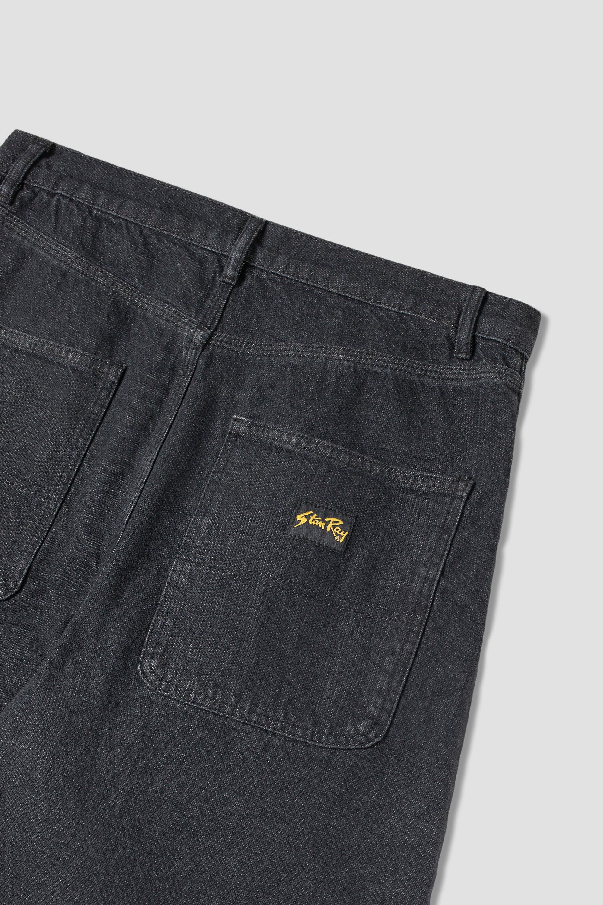 Back detail view of Stan Ray Wide 5 Short Charcoal Denim showing heavyweight cotton denim, reinforced stitching and classic pocket design.