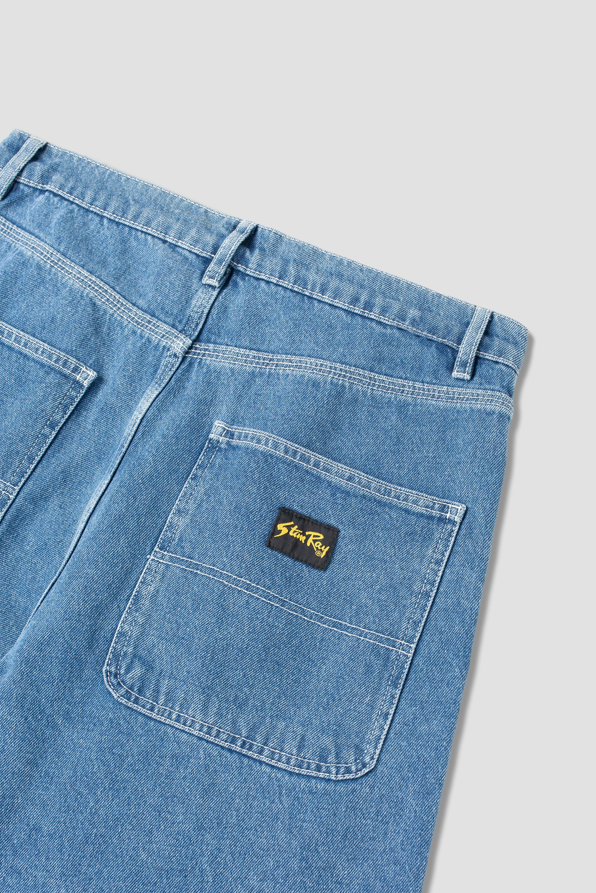 Stan Ray Wide 5 Short Mid Stone Denim full view showing heavyweight cotton denim, relaxed loose fit and classic workwear construction.
