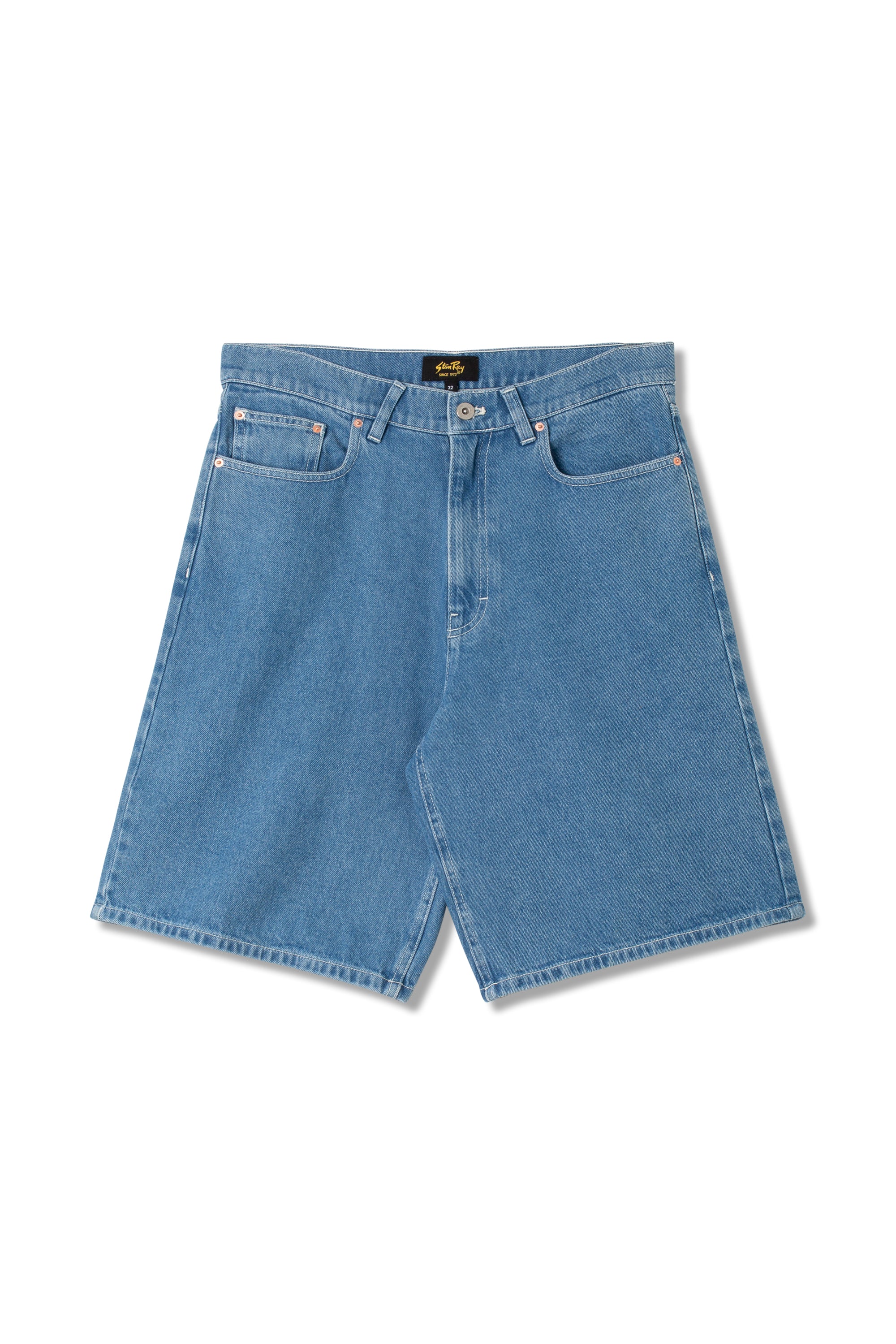 Stan Ray Wide 5 Short Mid Stone Denim made from heavyweight 12oz cotton denim with a relaxed loose fit and durable construction.