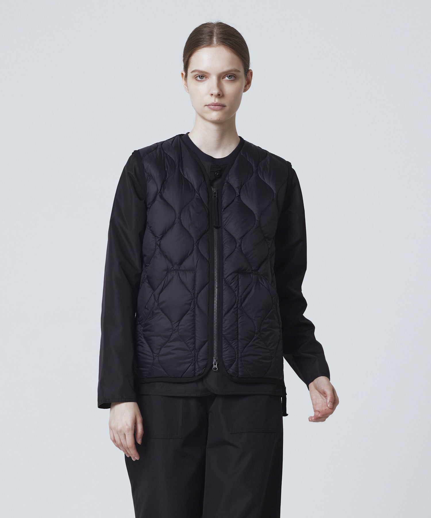 Back view of Taion Military V Neck W-Zip Down Vest in Black