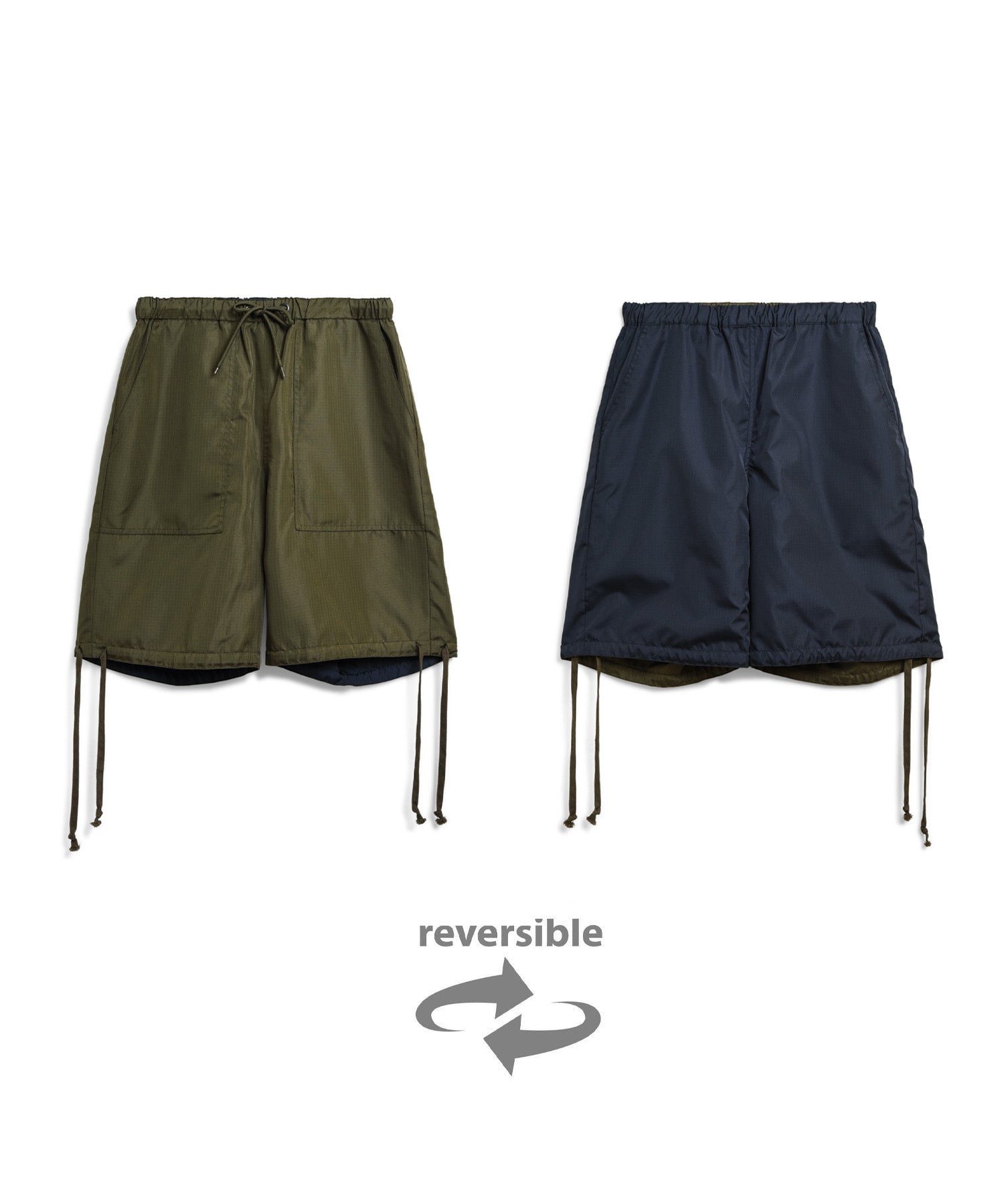 Taion Non Down Military Reversible Shorts in Dark Olive with lightweight stain-resistant fabric and reversible design for everyday comfort