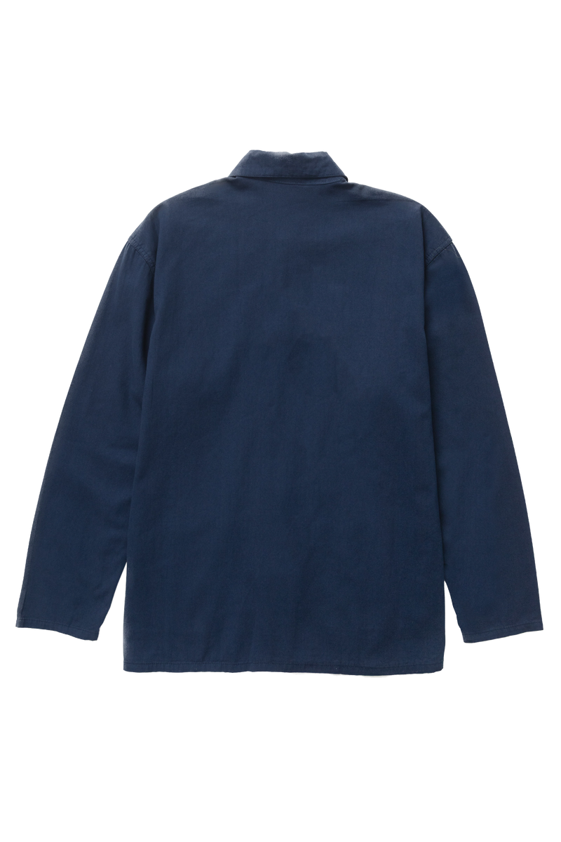 Dark navy twill chore shirt detail view premium workwear utility shirt stitching close up