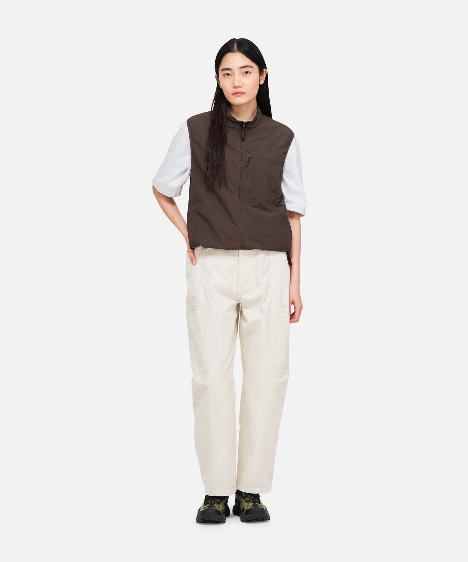 Gramicci Women's Voyager Pant Greige showing wrap-around pockets and tapered leg
