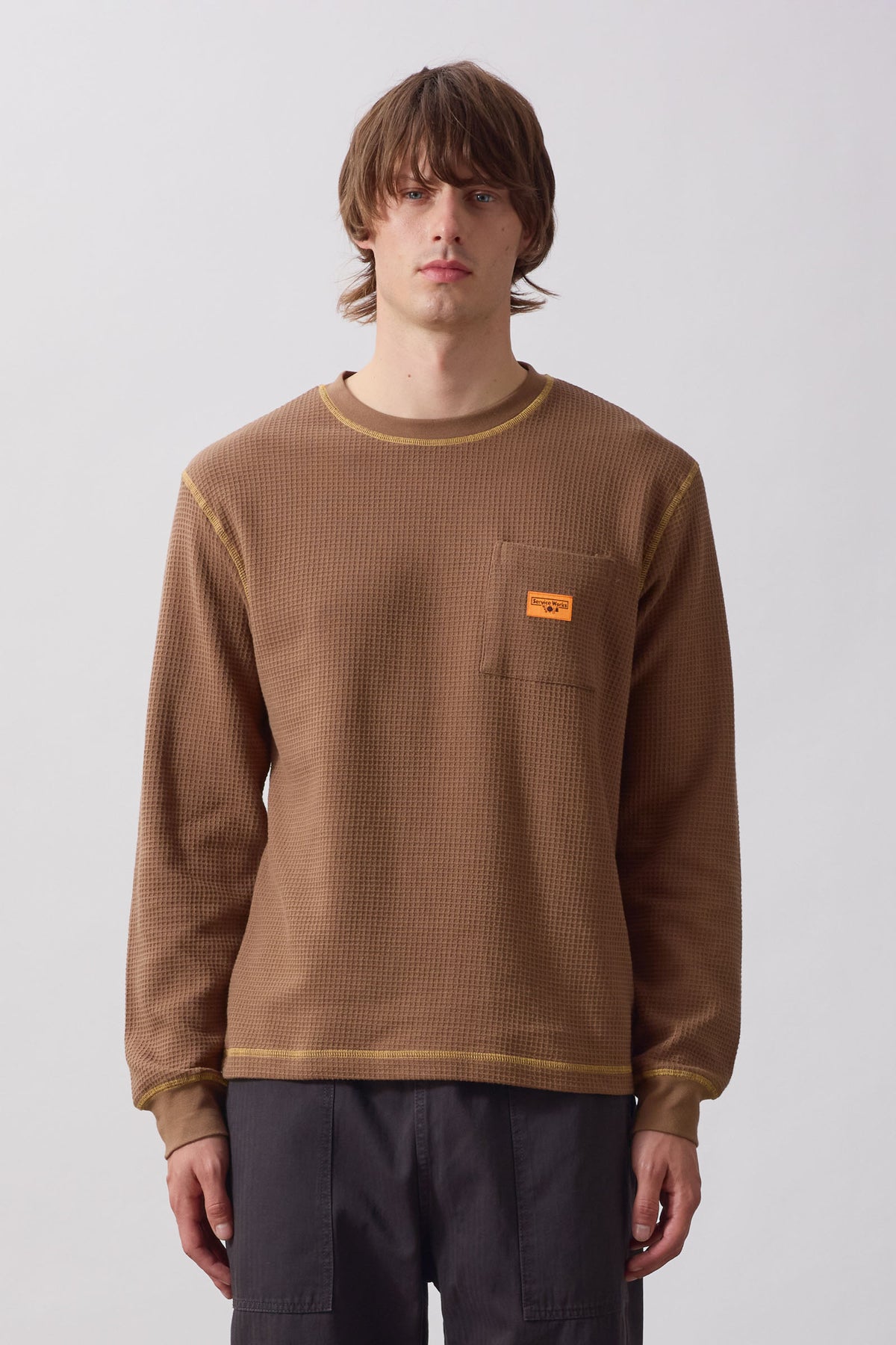 SW365-WaffleContrastThermalLSTee-BrownYellow-1-OnModel