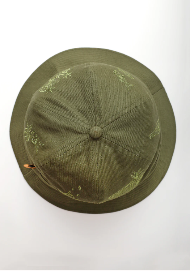Olive 6-panel bucket hat by Service Works with embroidered branding and one-size fit
