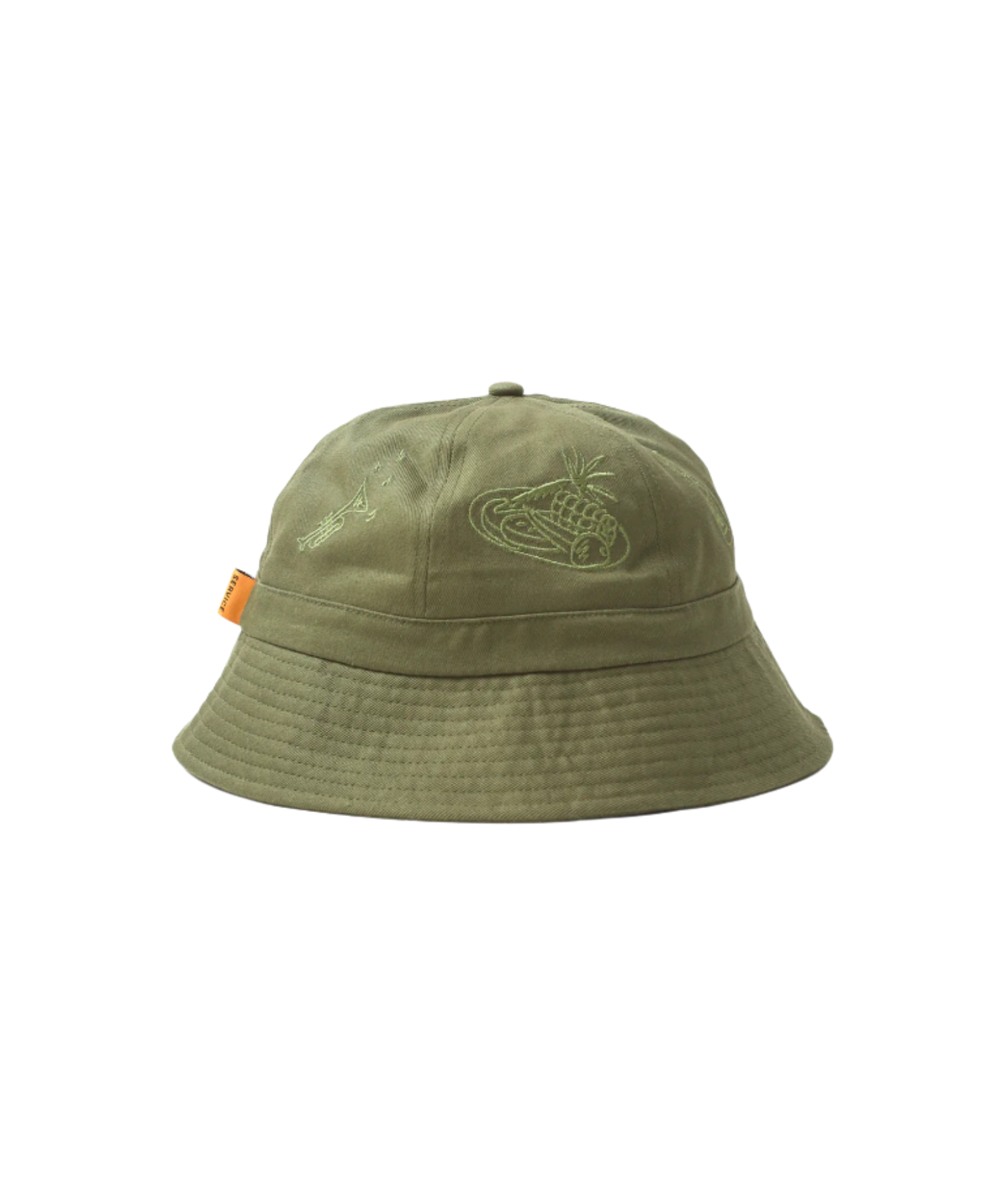 Service Works Mardi olive 6-panel bucket hat with embroidered details and woven tab label