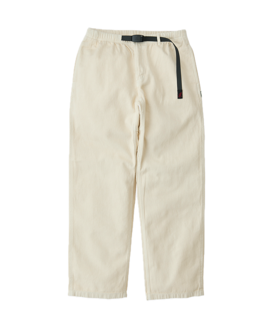 Bone color hemp Gramicci-style straight fit pants with elastic waistband and cinch belt, durable twill fabric front product view