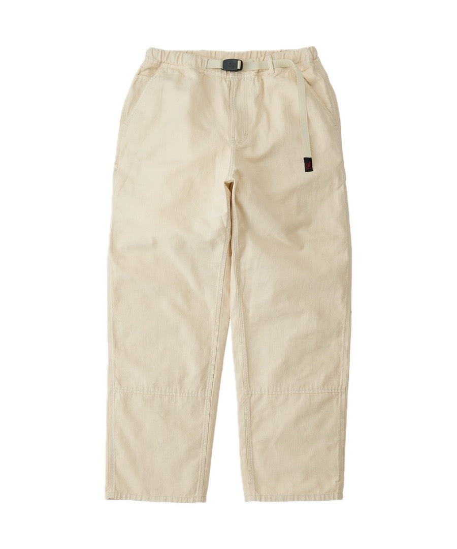 Bone color canvas work pants featuring hemp-cotton fabric, relaxed fit and multi-pocket utility construction for durable everyday wear