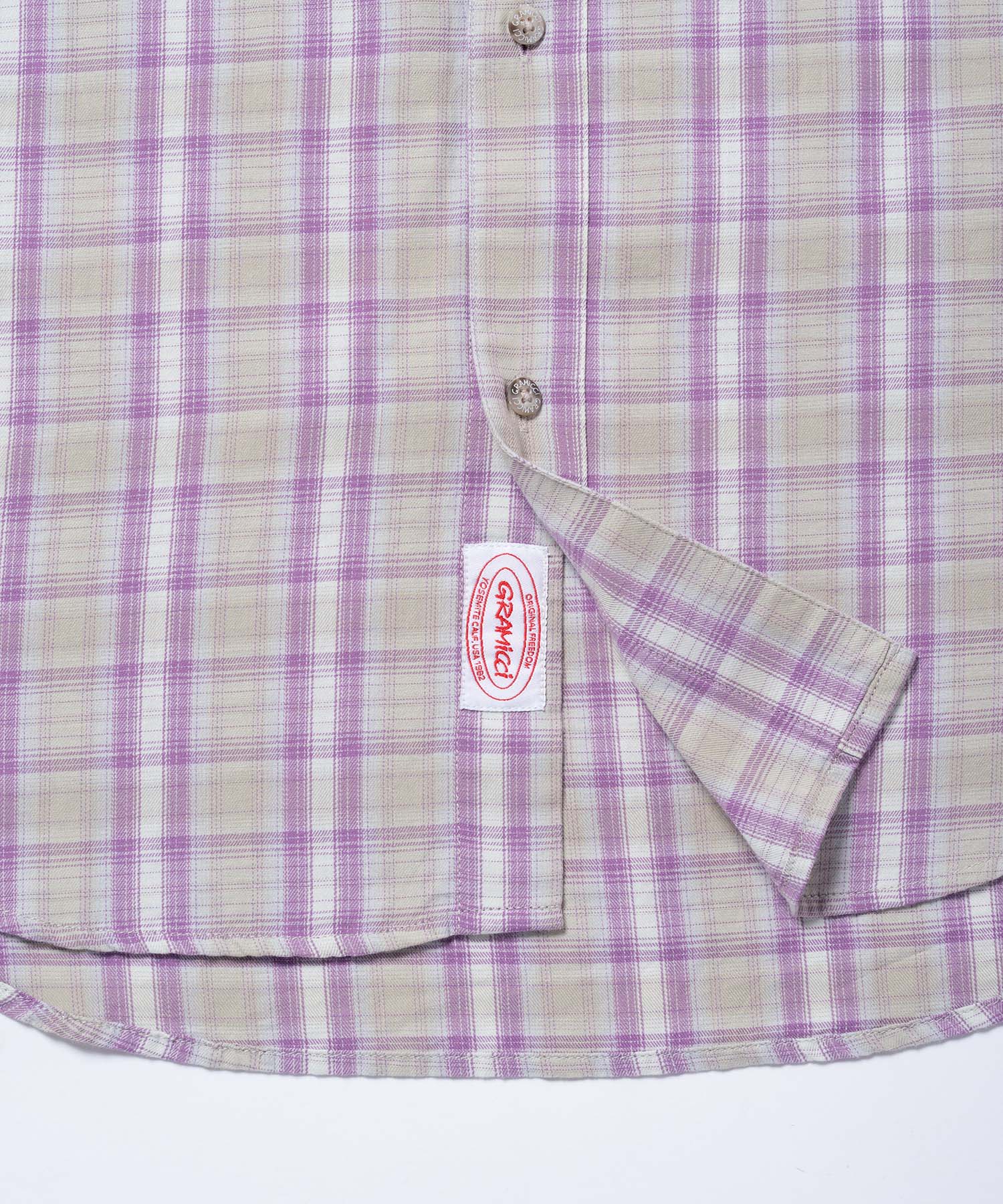 Detailed view of the purple checkered ombre shirt showcasing breathable 100% cotton fabric and plaid design