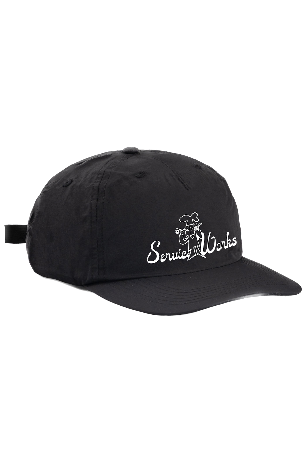 Black Chefs Kiss Cap with unstructured nylon design, curved peak brim and low profile streetwear fit with adjustable strap closure